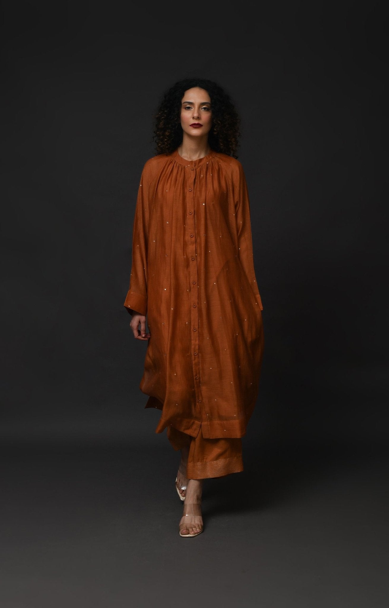 Neck Gather Metallic Dots Chanderi Co - Ord (Set of 2) - Copper - CiceroniKurta Set, Festive WearHiranya