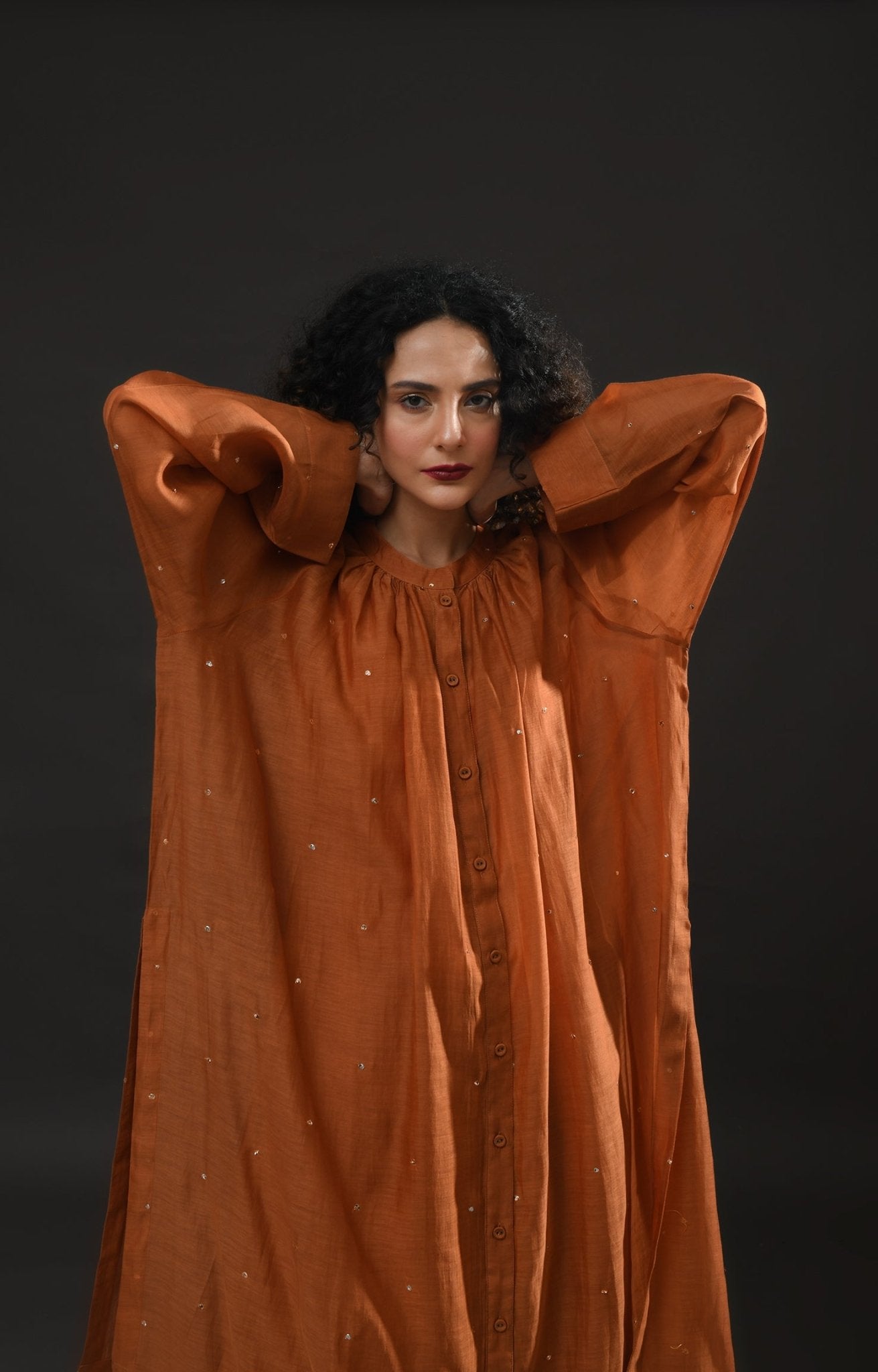 Neck Gather Metallic Dots Chanderi Co - Ord (Set of 2) - Copper - CiceroniKurta Set, Festive WearHiranya