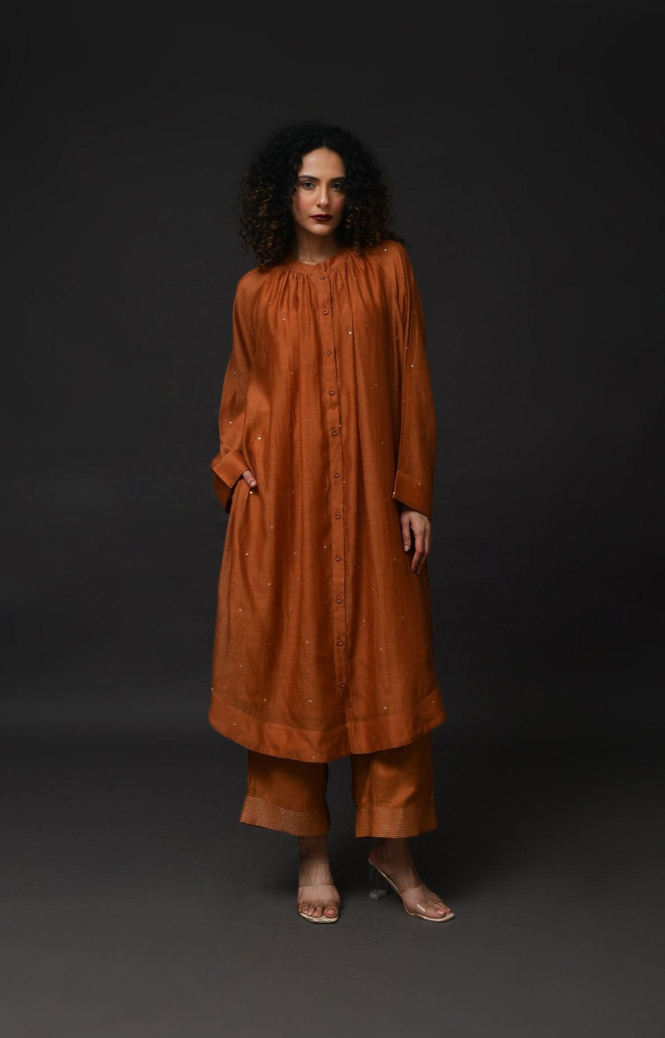 Neck Gather Metallic Dots Chanderi Co - Ord (Set of 2) - Copper - CiceroniKurta Set, Festive WearHiranya