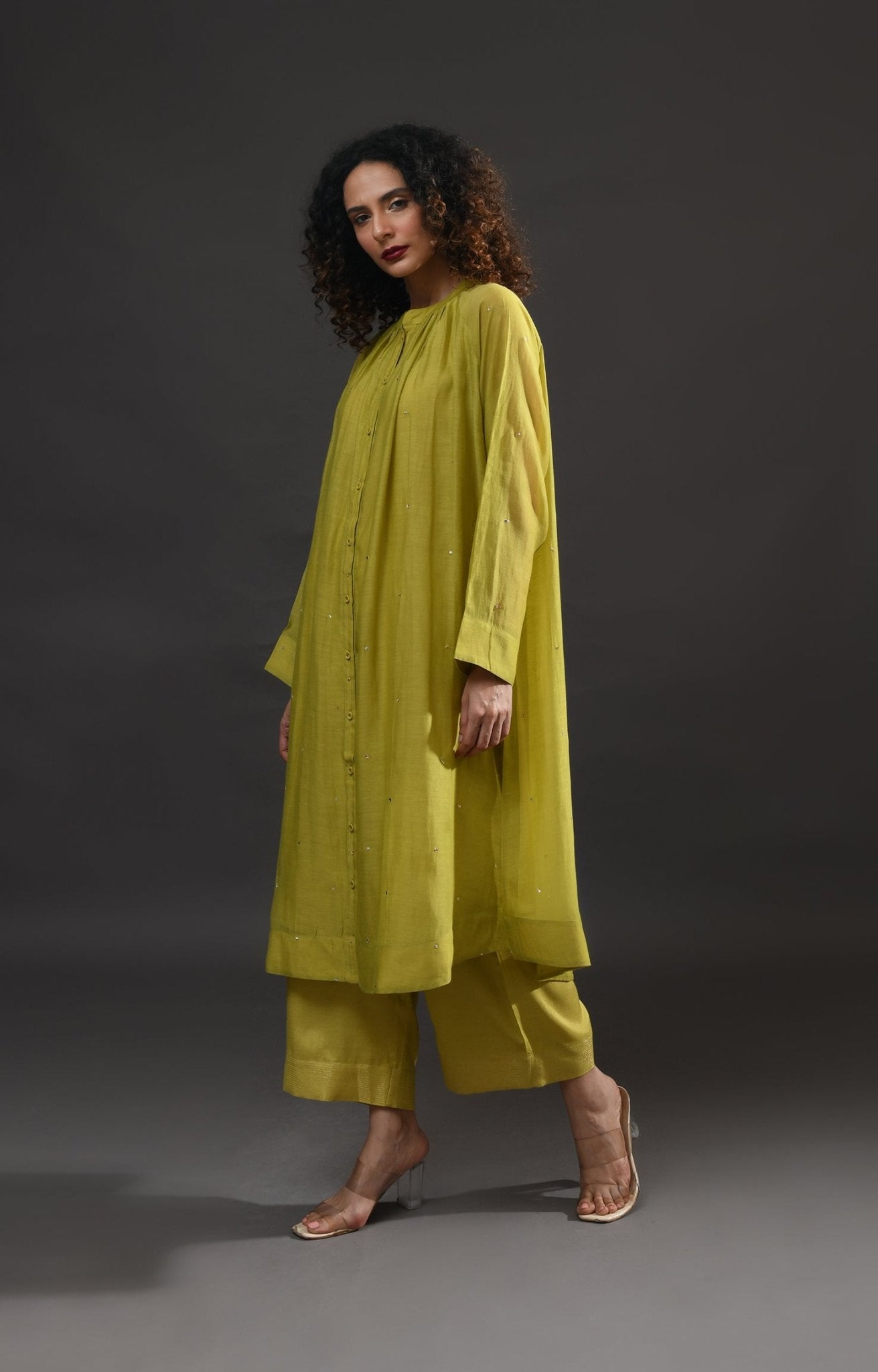 Neck Gather Metallic Dots Chanderi Co - Ord (Set of 2) - Pista Green - CiceroniKurta Set, Festive WearHiranya