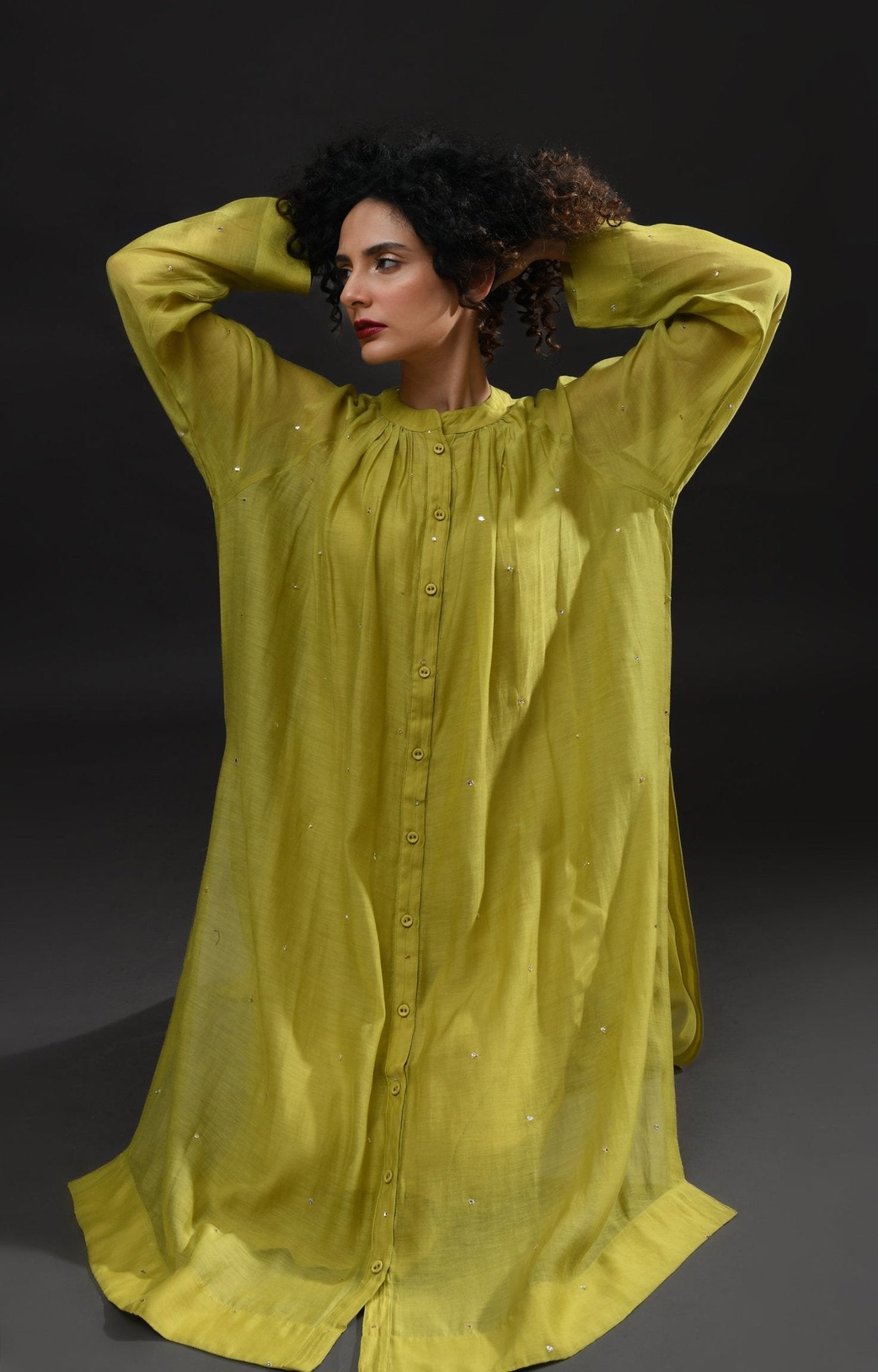 Neck Gather Metallic Dots Chanderi Co - Ord (Set of 2) - Pista Green - CiceroniKurta Set, Festive WearHiranya