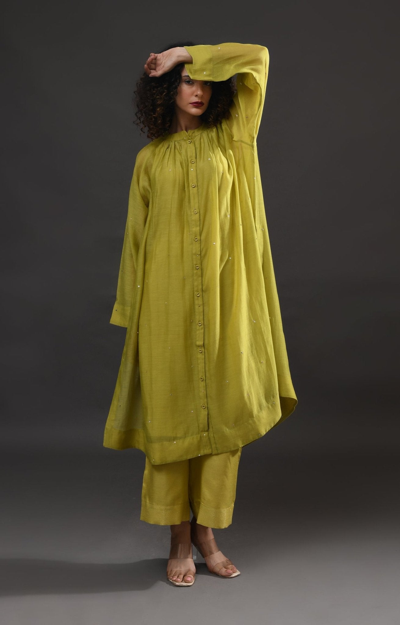 Neck Gather Metallic Dots Chanderi Co - Ord (Set of 2) - Pista Green - CiceroniKurta Set, Festive WearHiranya