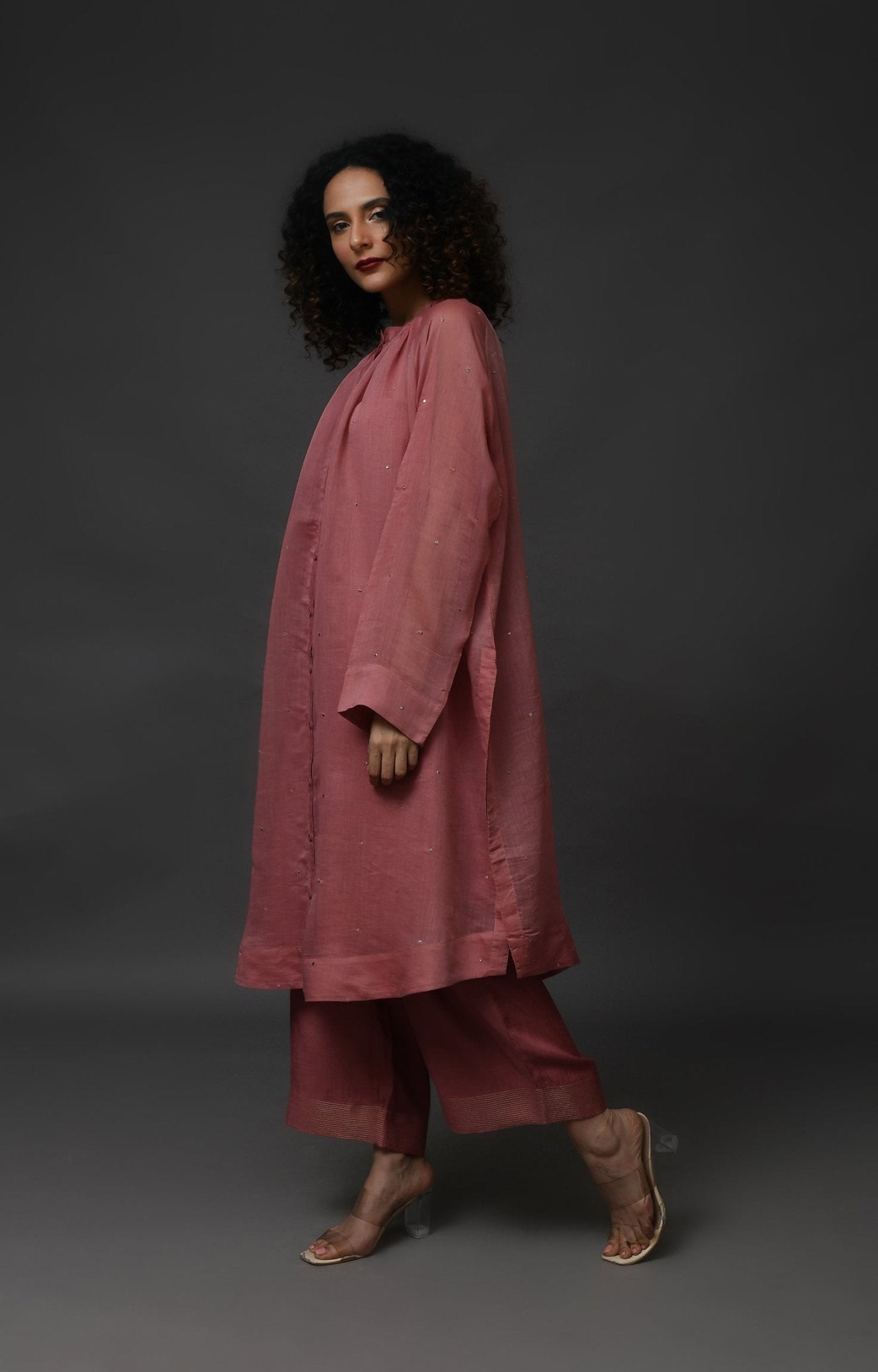 Neck Gather Metallic Dots Chanderi Co - Ord (Set of 2) - Rose Pink - CiceroniKurta Set, Festive WearHiranya