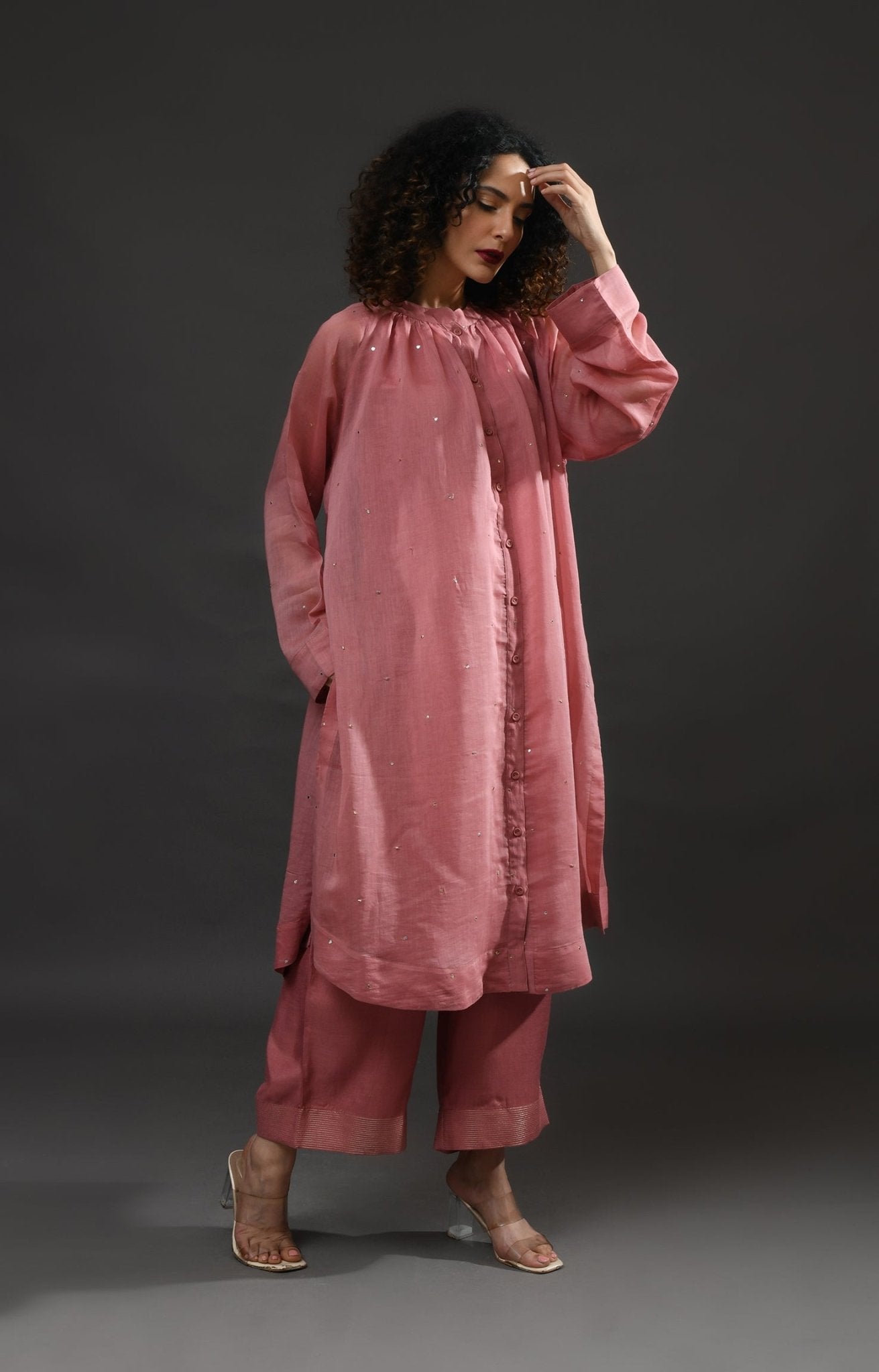 Neck Gather Metallic Dots Chanderi Co - Ord (Set of 2) - Rose Pink - CiceroniKurta Set, Festive WearHiranya