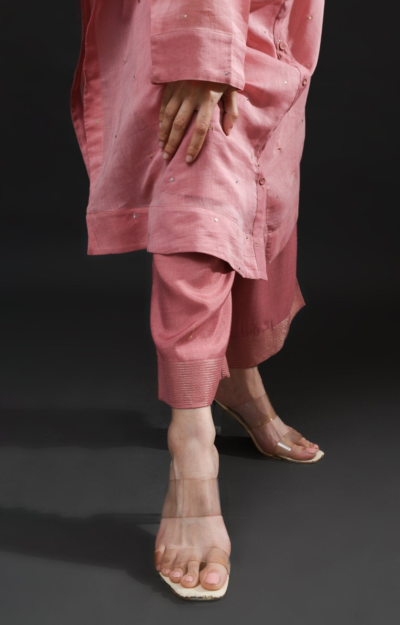 Neck Gather Metallic Dots Chanderi Co - Ord (Set of 2) - Rose Pink - CiceroniKurta Set, Festive WearHiranya