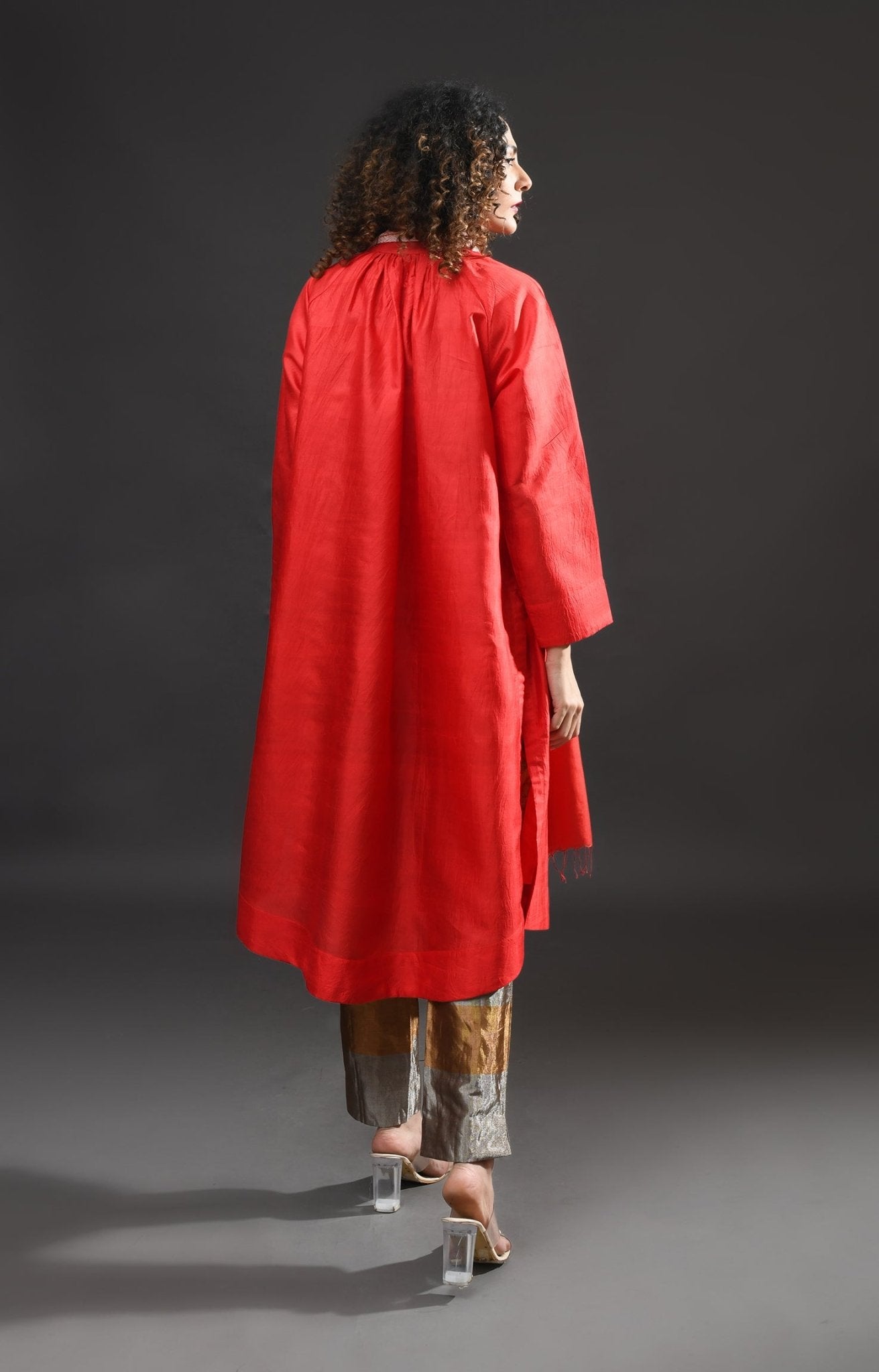 Neck Gather Mulberry Silk Kurta with Tissue Pants (Set of 3) - Crimson - CiceroniKurta Set, Festive WearHiranya