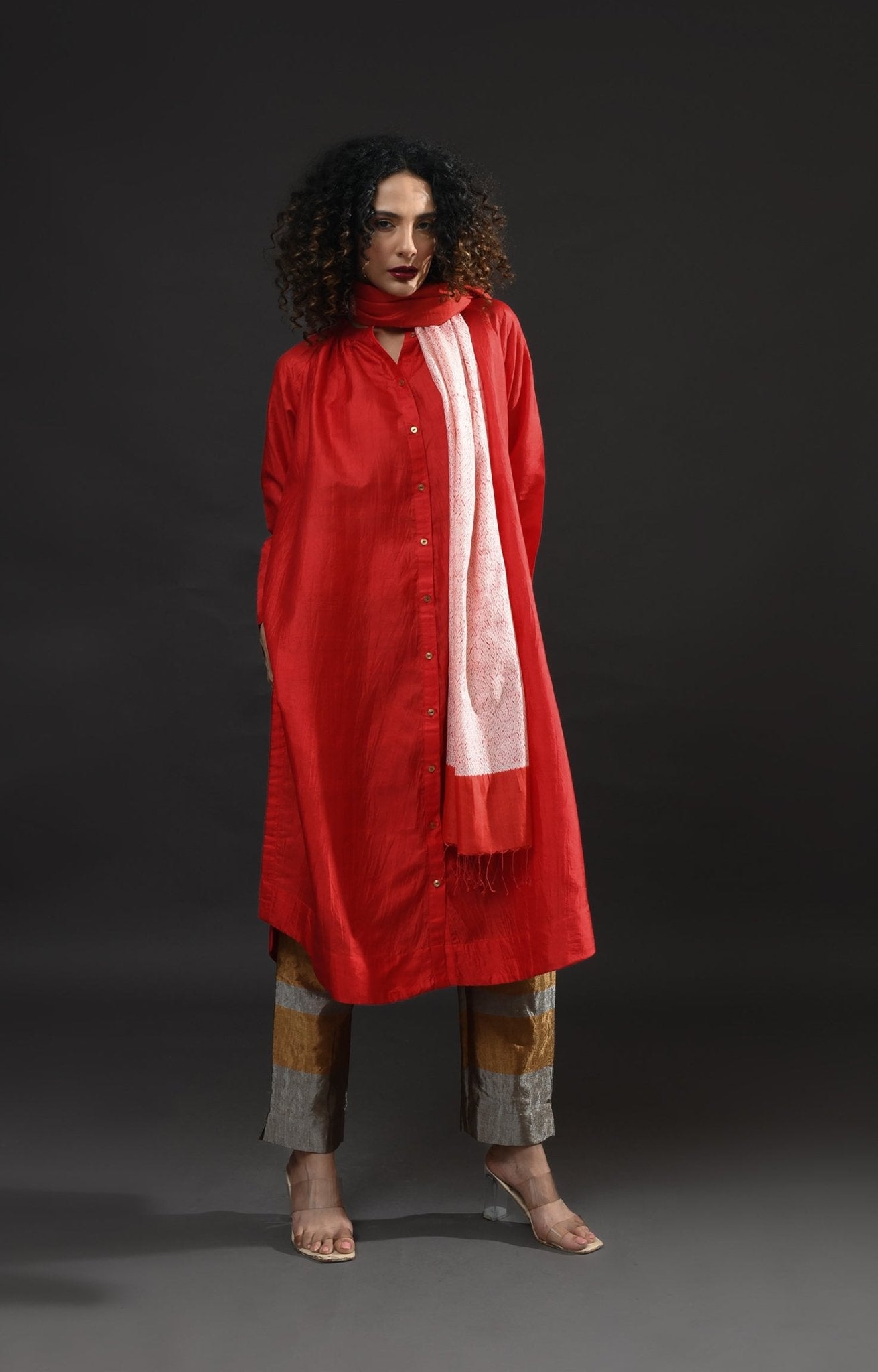 Neck Gather Mulberry Silk Kurta with Tissue Pants (Set of 3) - Crimson - CiceroniKurta Set, Festive WearHiranya