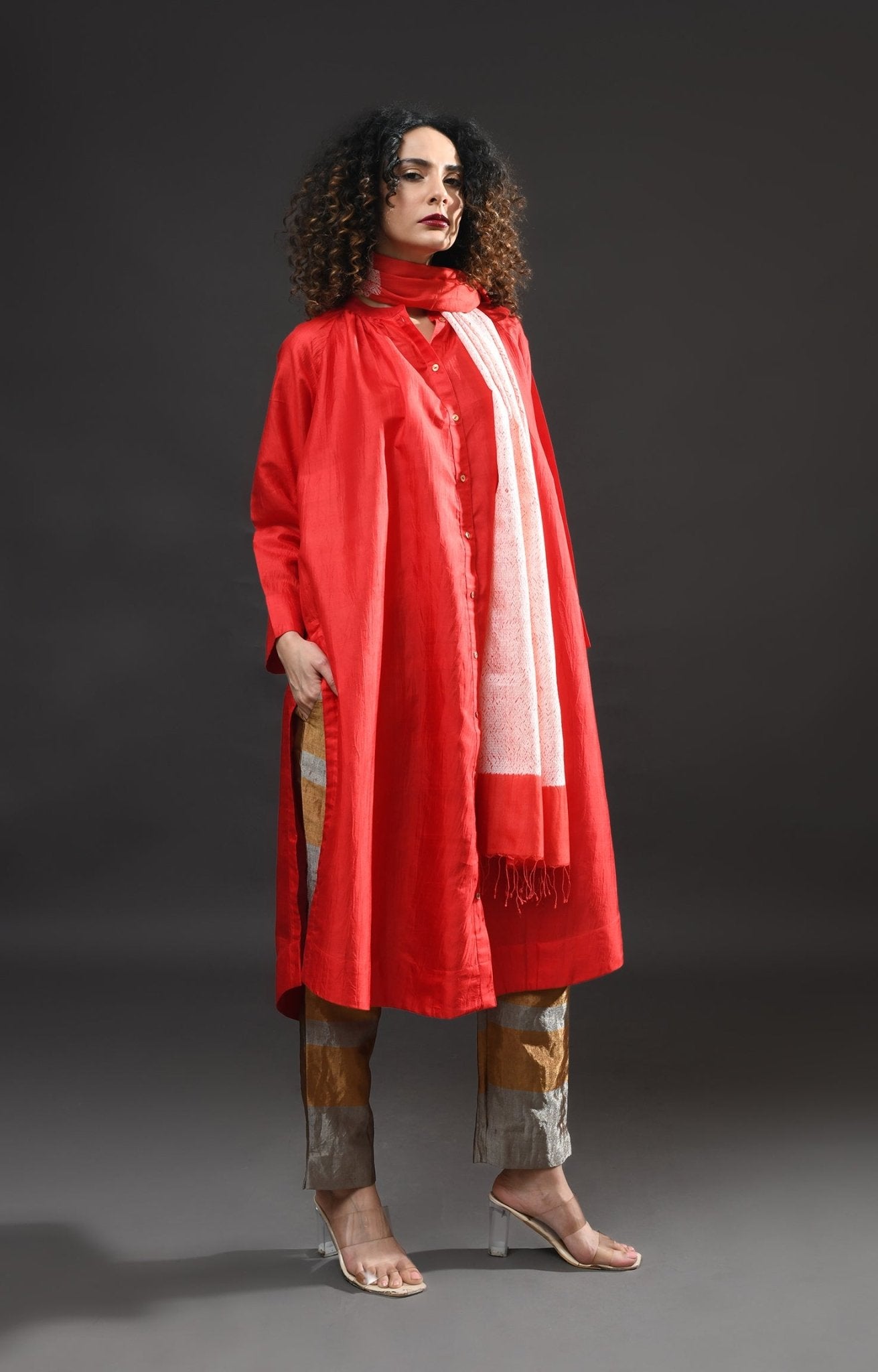 Neck Gather Mulberry Silk Kurta with Tissue Pants (Set of 3) - Crimson - CiceroniKurta Set, Festive WearHiranya