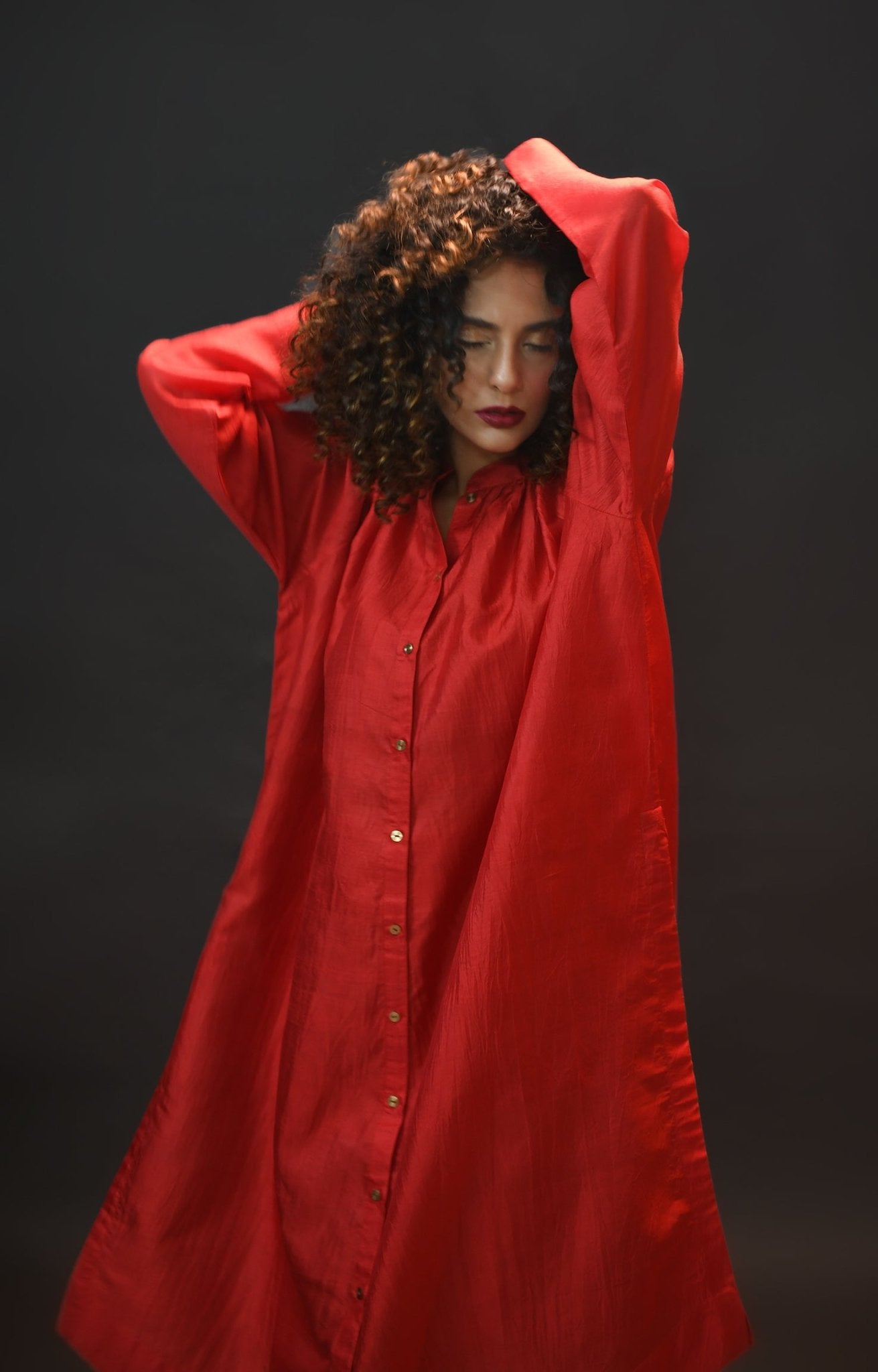 Neck Gather Mulberry Silk Kurta with Tissue Pants (Set of 3) - Crimson - CiceroniKurta Set, Festive WearHiranya