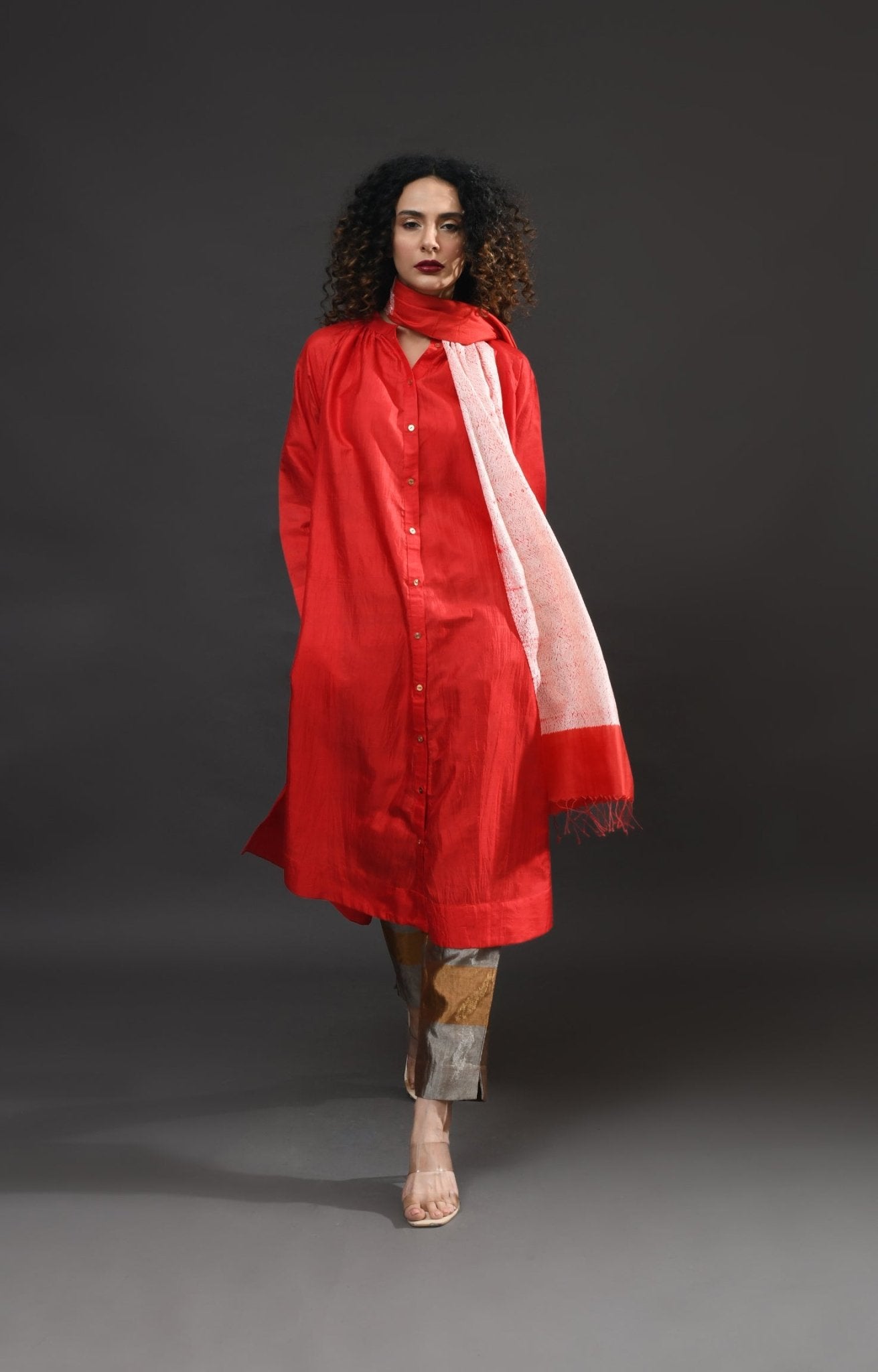 Neck Gather Mulberry Silk Kurta with Tissue Pants (Set of 3) - Crimson - CiceroniKurta Set, Festive WearHiranya