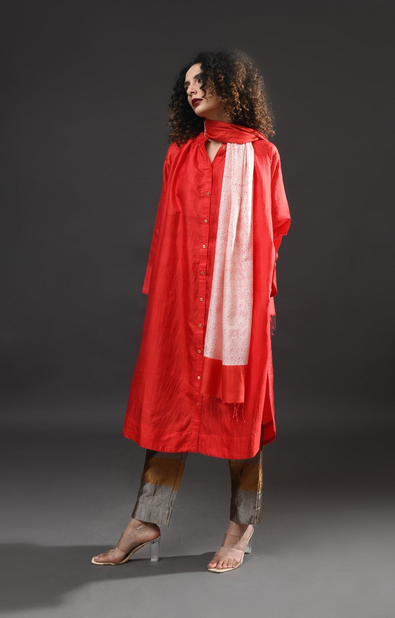 Neck Gather Mulberry Silk Kurta with Tissue Pants (Set of 3) - Crimson - CiceroniKurta Set, Festive WearHiranya