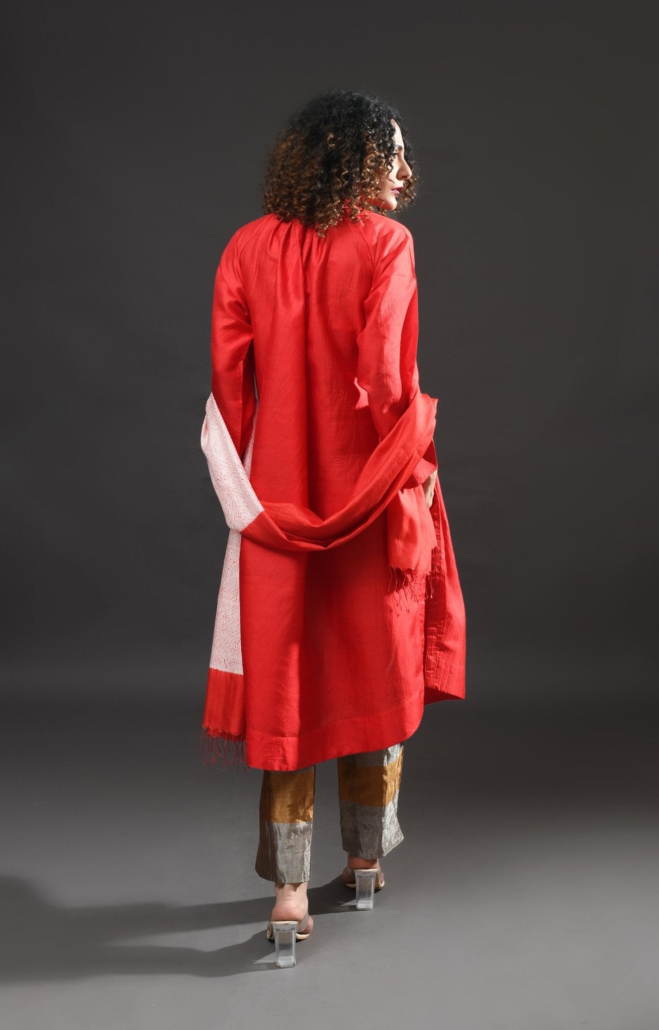 Neck Gather Mulberry Silk Kurta with Tissue Pants (Set of 3) - Crimson - CiceroniKurta Set, Festive WearHiranya