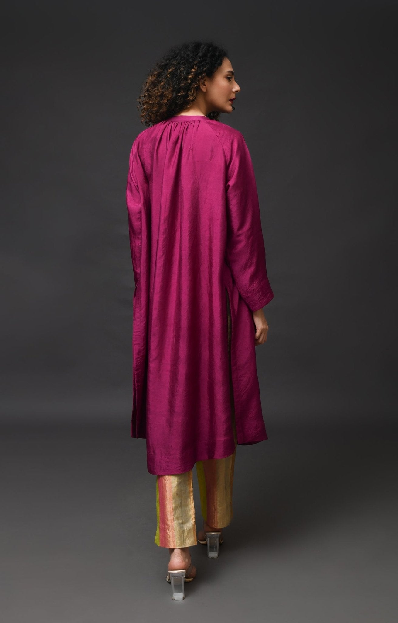 Neck Gather Mulberry Silk Kurta with Tissue Pants (Set of 3) - Wine - CiceroniKurta Set, Festive WearHiranya