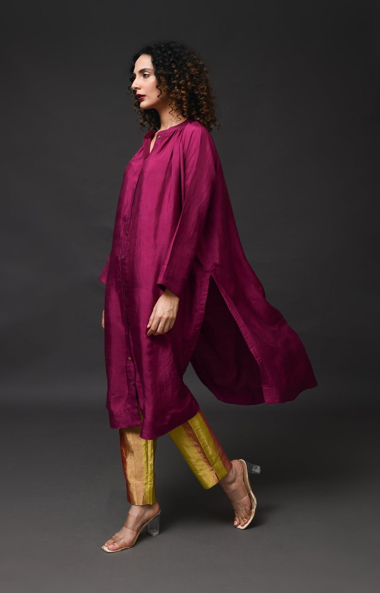 Neck Gather Mulberry Silk Kurta with Tissue Pants (Set of 3) - Wine - CiceroniKurta Set, Festive WearHiranya