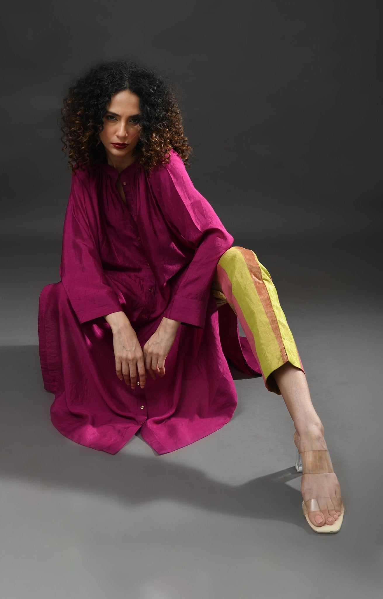 Neck Gather Mulberry Silk Kurta with Tissue Pants (Set of 3) - Wine - CiceroniKurta Set, Festive WearHiranya