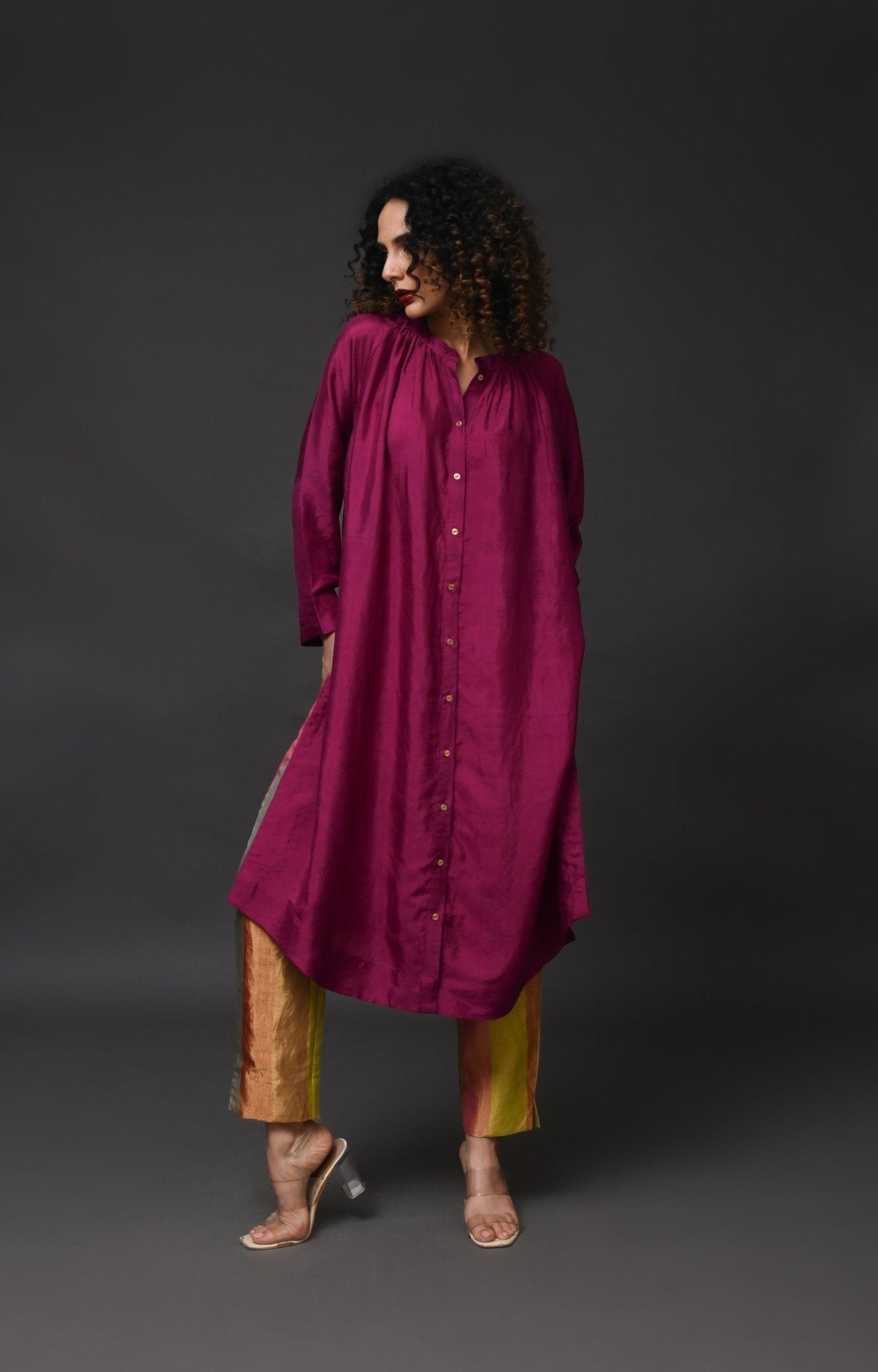 Neck Gather Mulberry Silk Kurta with Tissue Pants (Set of 3) - Wine - CiceroniKurta Set, Festive WearHiranya