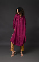 Neck Gather Mulberry Silk Kurta with Tissue Pants (Set of 3) - Wine - CiceroniKurta Set, Festive WearHiranya