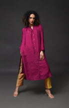 Neck Gather Mulberry Silk Kurta with Tissue Pants (Set of 3) - Wine - CiceroniKurta Set, Festive WearHiranya