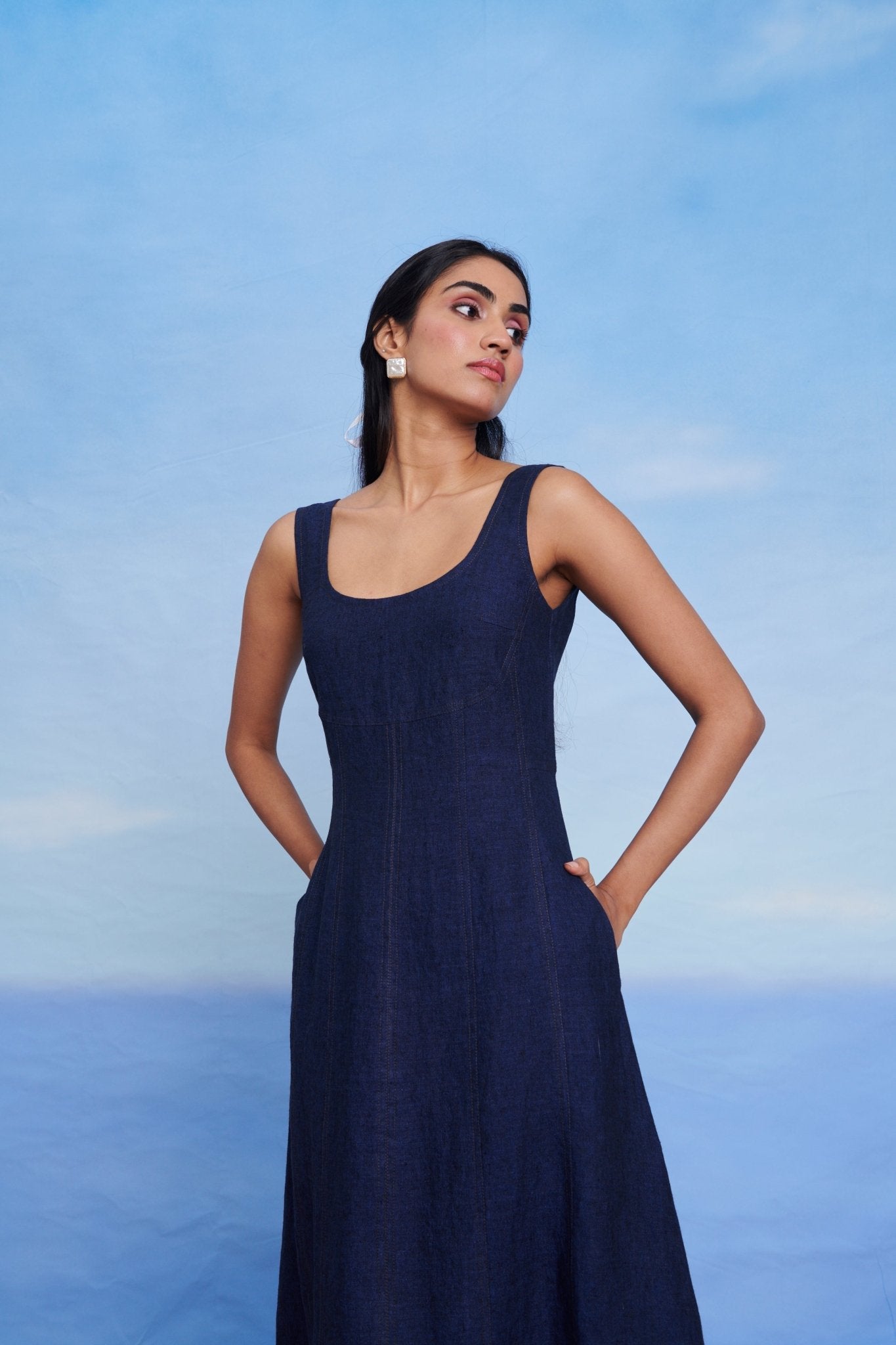 Neel Linen Denim Panelled Dress - CiceroniDressesSaphed