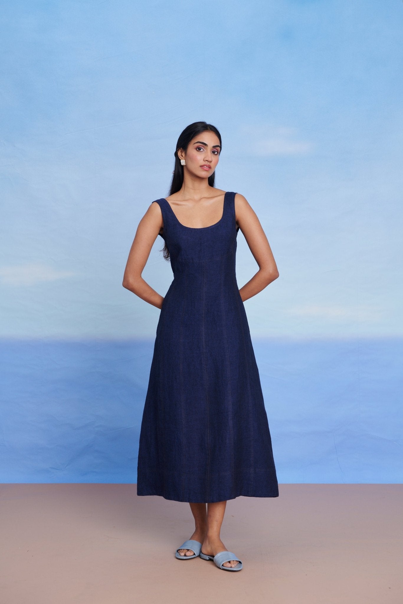 Neel Linen Denim Panelled Dress - CiceroniDressesSaphed