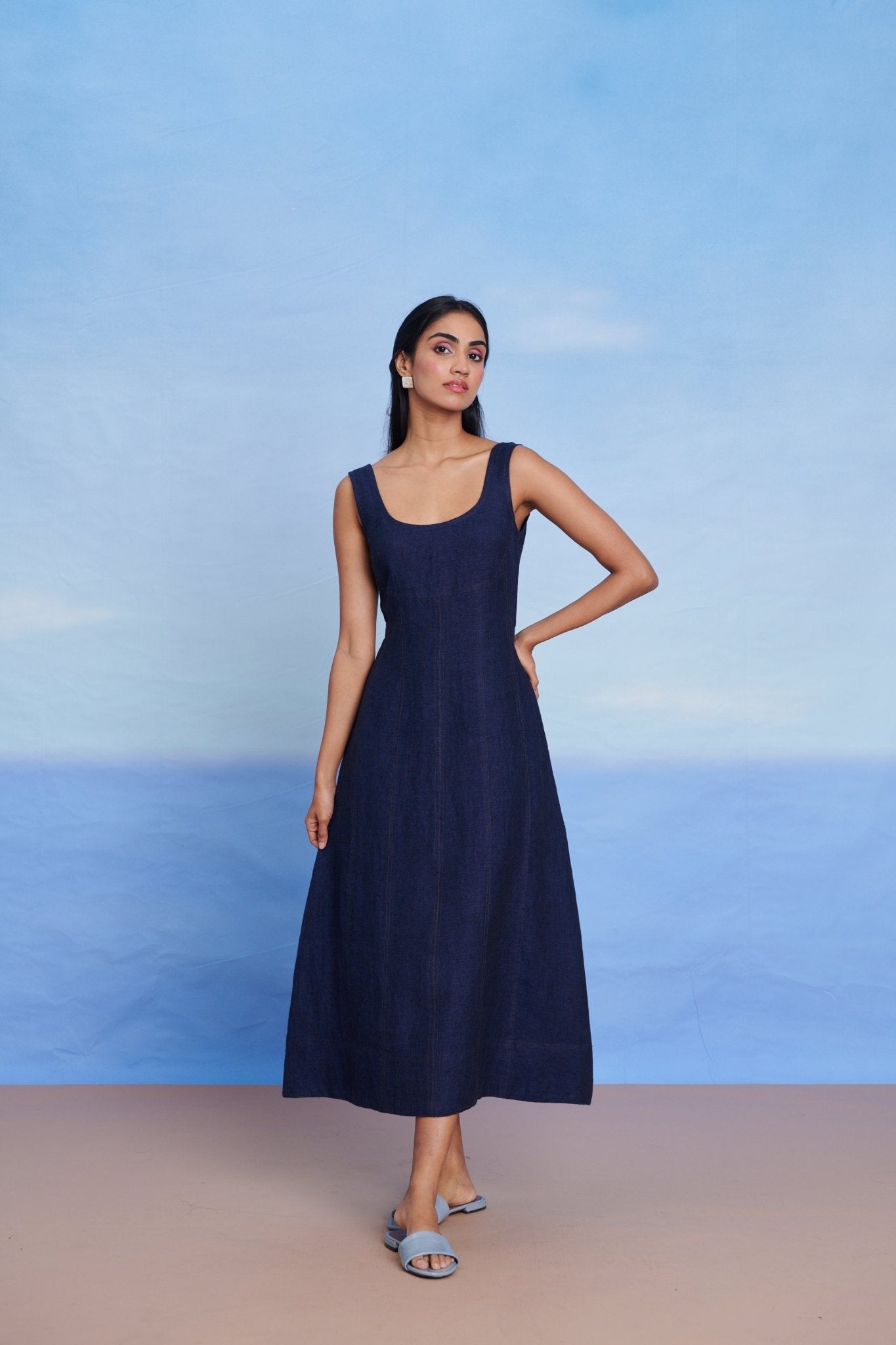 Neel Linen Denim Panelled Dress - CiceroniDressesSaphed