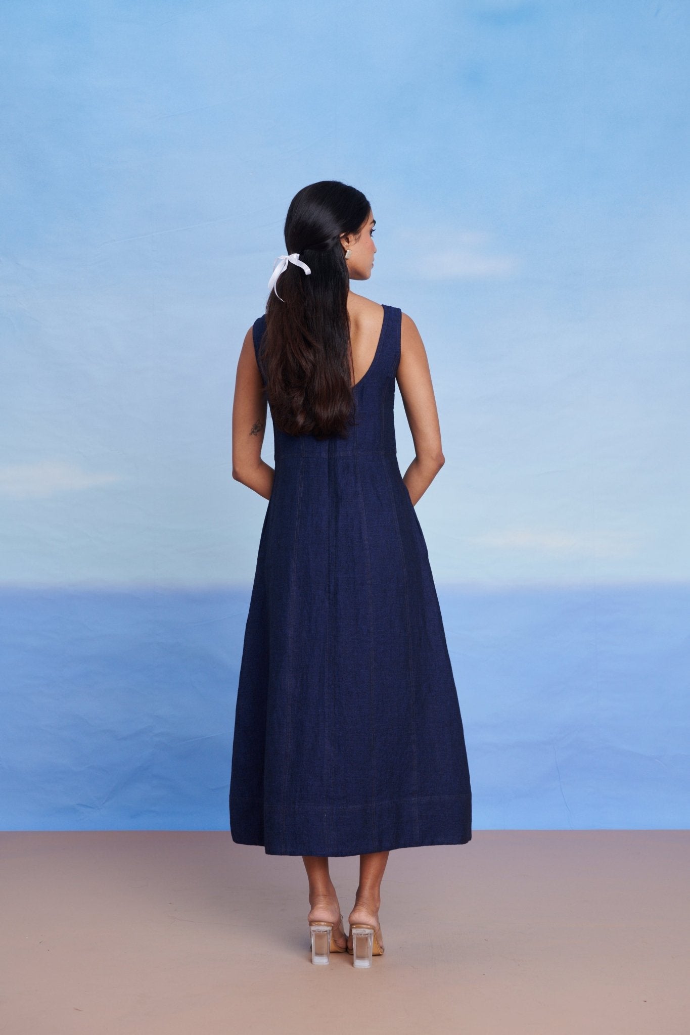 Neel Linen Denim Panelled Dress - CiceroniDressesSaphed
