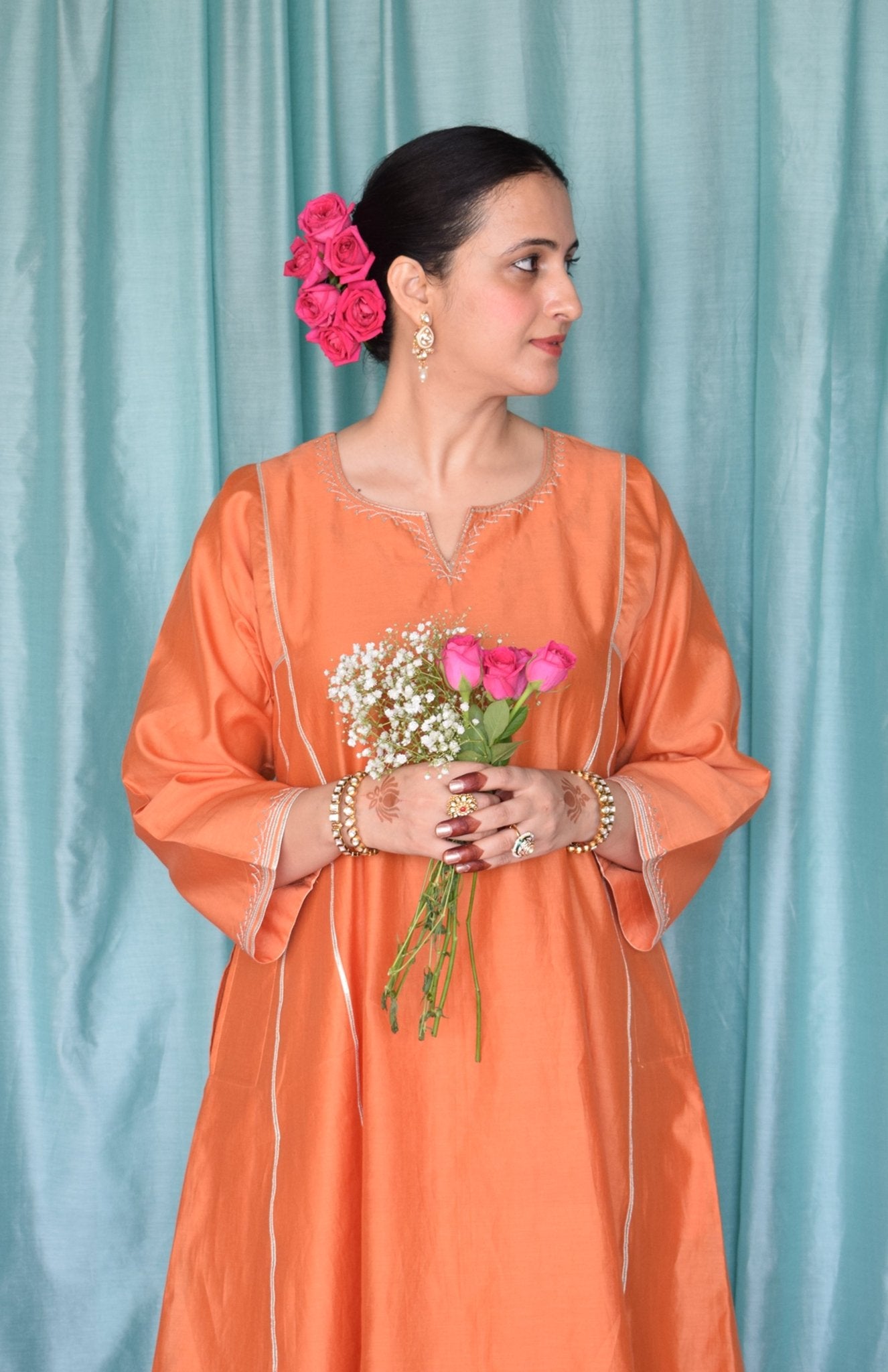 Neerja Chanderi Set with Hand - Embroidered Phiran Kurta and Wide - Legged Pyjama - CiceroniKurta Set, Festive wearHouse of Moxa