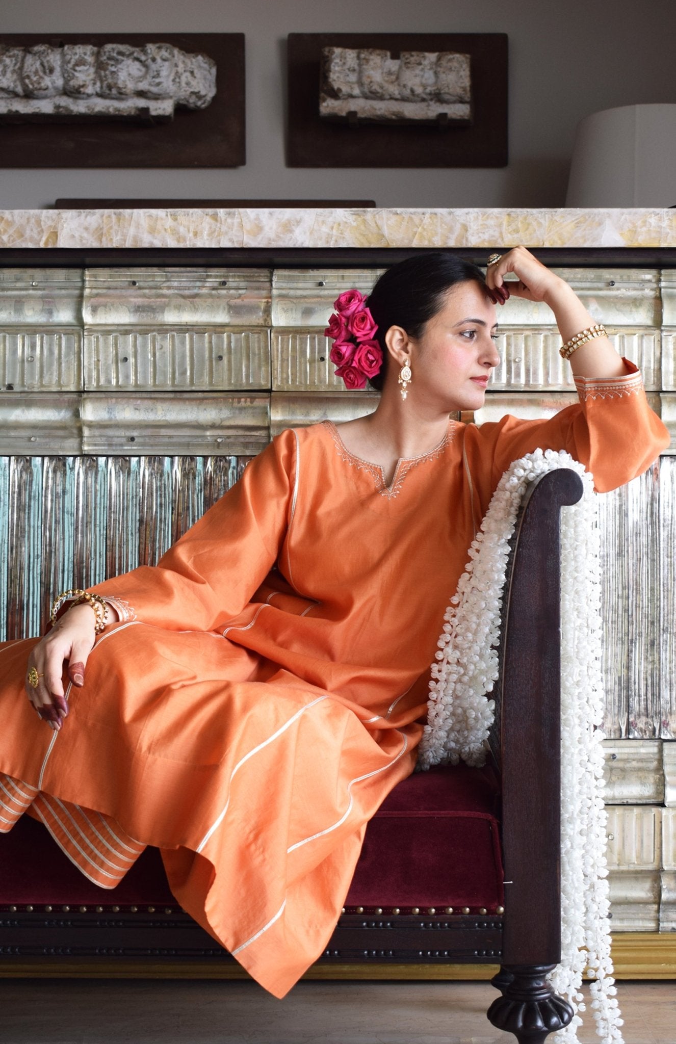 Neerja Chanderi Set with Hand - Embroidered Phiran Kurta and Wide - Legged Pyjama - CiceroniKurta Set, Festive wearHouse of Moxa