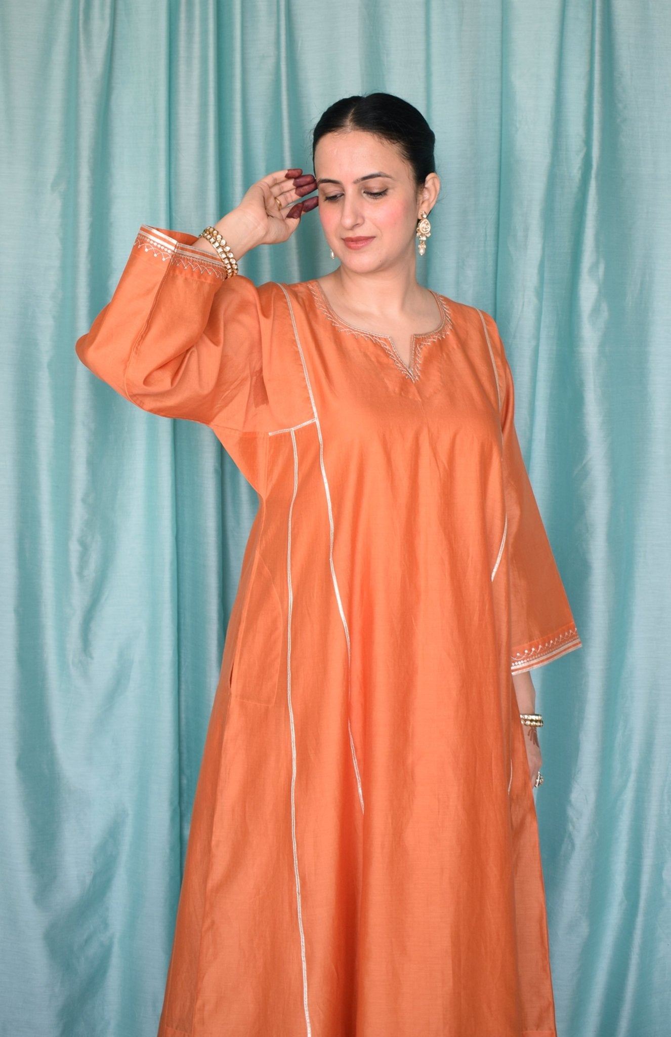 Neerja Chanderi Set with Hand - Embroidered Phiran Kurta and Wide - Legged Pyjama - CiceroniKurta Set, Festive wearHouse of Moxa