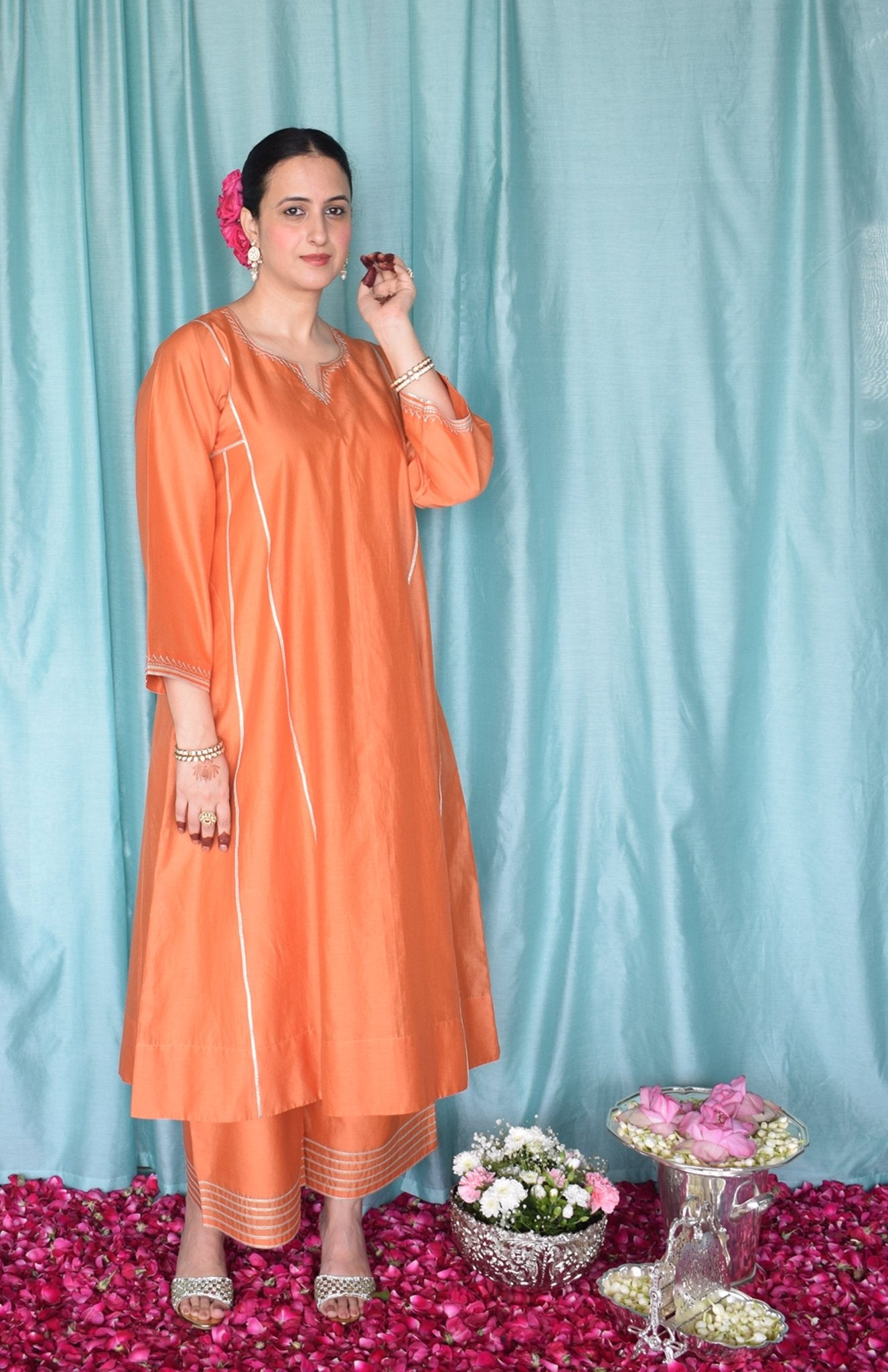 Neerja Chanderi Set with Hand - Embroidered Phiran Kurta and Wide - Legged Pyjama - CiceroniKurta Set, Festive wearHouse of Moxa