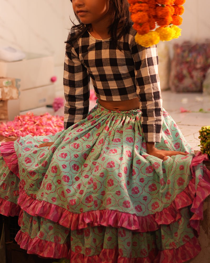 Noor Cotton Black White Checks Top With Floral Lehenga Set - CiceroniLehenga SetLove The World Today