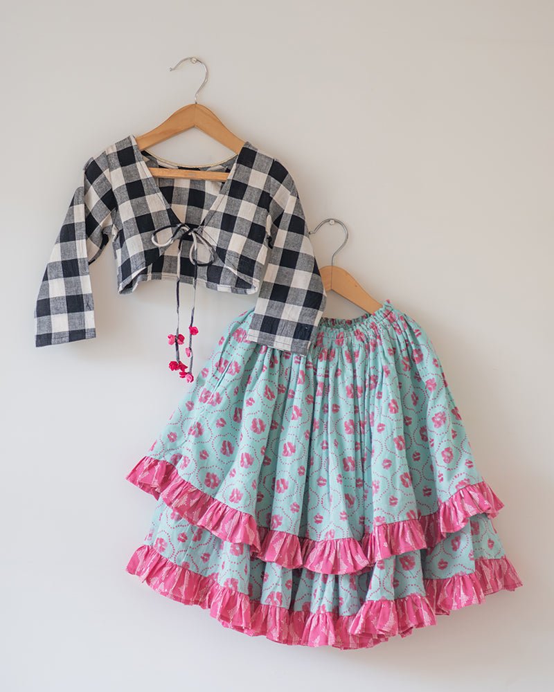 Noor Cotton Black White Checks Top With Floral Lehenga Set - CiceroniLehenga SetLove The World Today