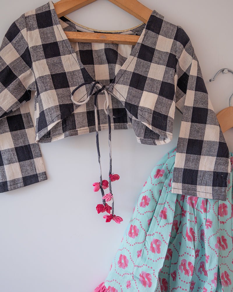 Noor Cotton Black White Checks Top With Floral Lehenga Set - CiceroniLehenga SetLove The World Today