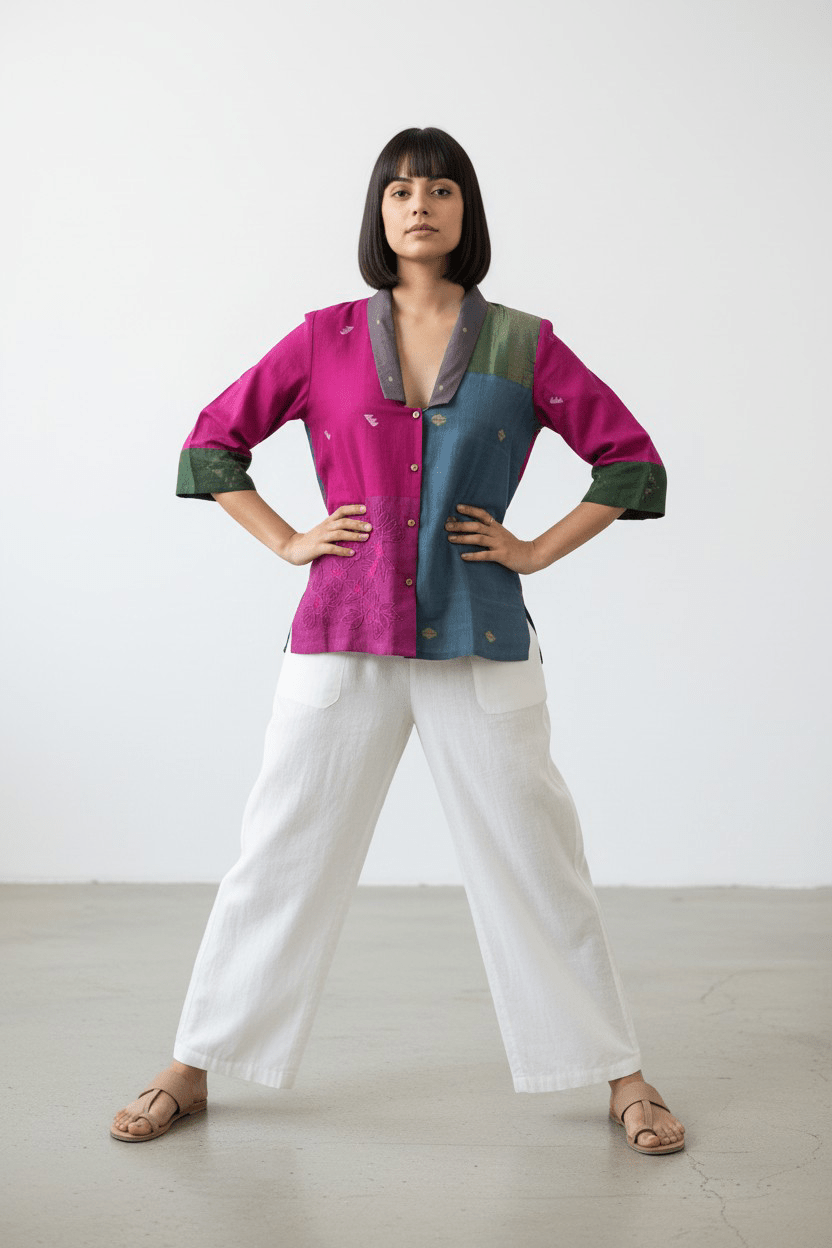 Noor Karat Patch Shirt – Red Magenta Jamdani with Embroidery - CiceroniWomen ShirtsBhomra