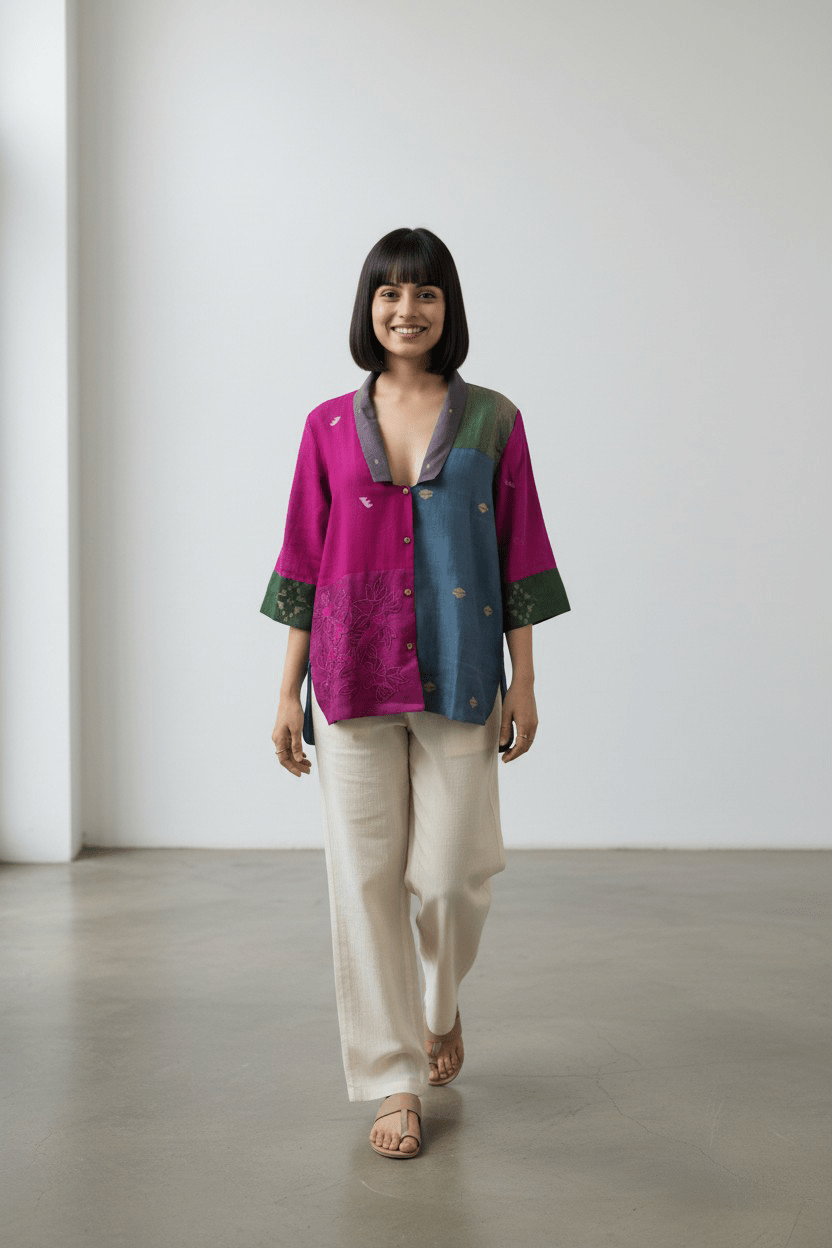 Noor Karat Patch Shirt – Red Magenta Jamdani with Embroidery - CiceroniWomen ShirtsBhomra