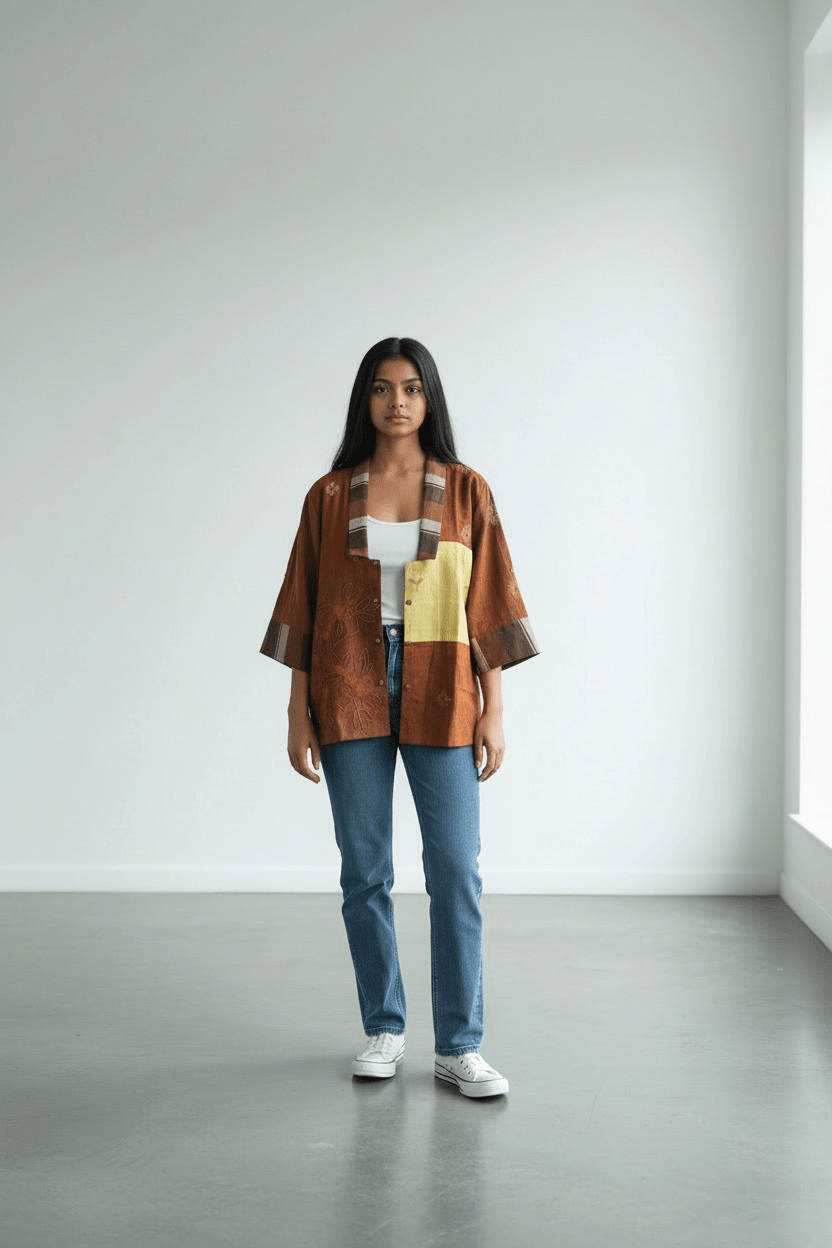 Noor Patch Shirt – Rust Orange Jamdani with Embroidery - CiceroniWomen ShirtsBhomra
