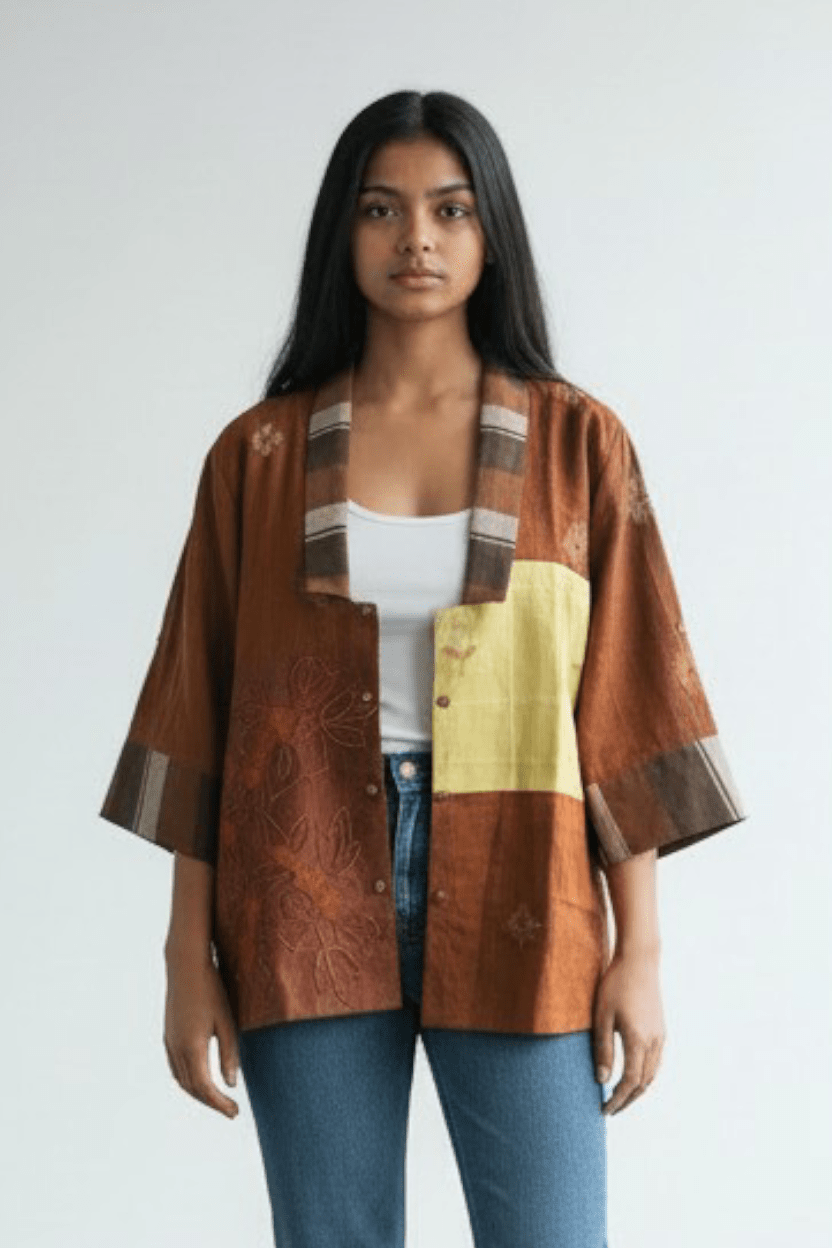 Noor Patch Shirt – Rust Orange Jamdani with Embroidery - CiceroniWomen ShirtsBhomra