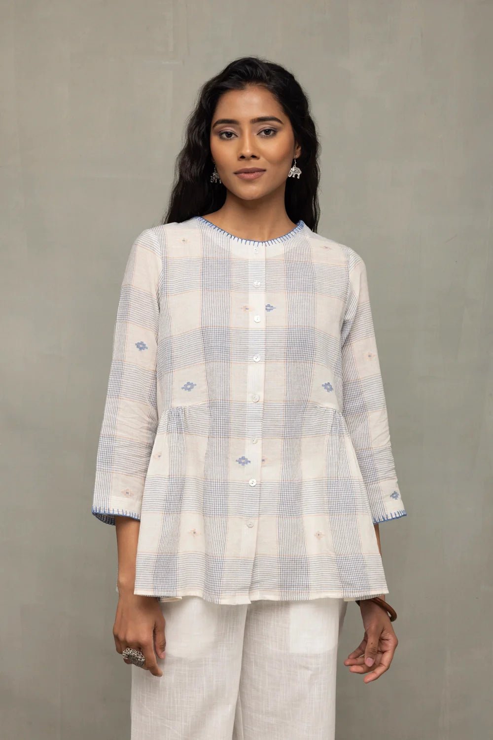 Off-White & Blue Check Jamdani Top with Zari Motifs - CiceroniTopsSutra Art of Clothing