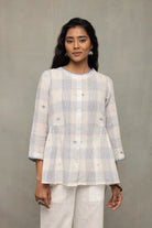 Off-White & Blue Check Jamdani Top with Zari Motifs - CiceroniTopsSutra Art of Clothing