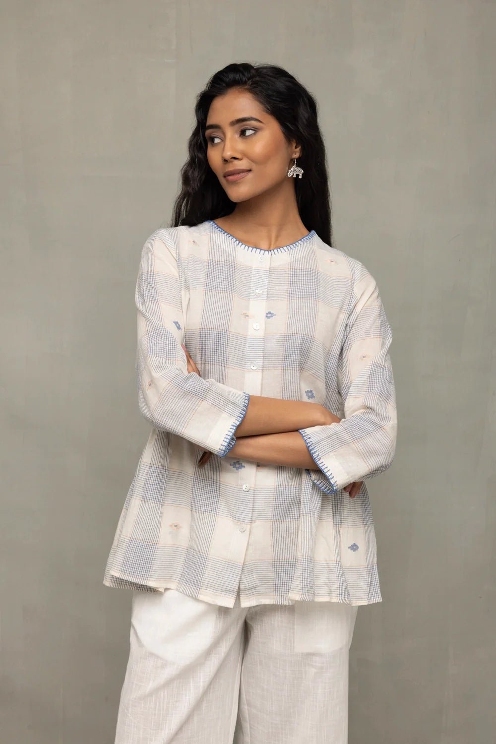 Off-White & Blue Check Jamdani Top with Zari Motifs - CiceroniTopsSutra Art of Clothing
