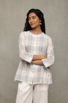 Off-White & Blue Check Jamdani Top with Zari Motifs - CiceroniTopsSutra Art of Clothing