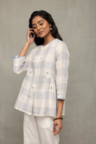 Off-White & Blue Check Jamdani Top with Zari Motifs - CiceroniTopsSutra Art of Clothing
