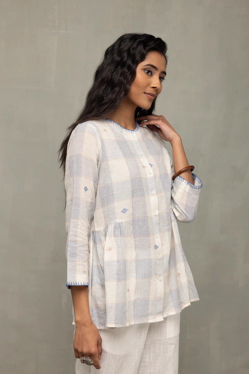 Off-White & Blue Check Jamdani Top with Zari Motifs - CiceroniTopsSutra Art of Clothing