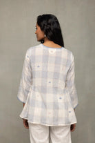 Off-White & Blue Check Jamdani Top with Zari Motifs - CiceroniTopsSutra Art of Clothing