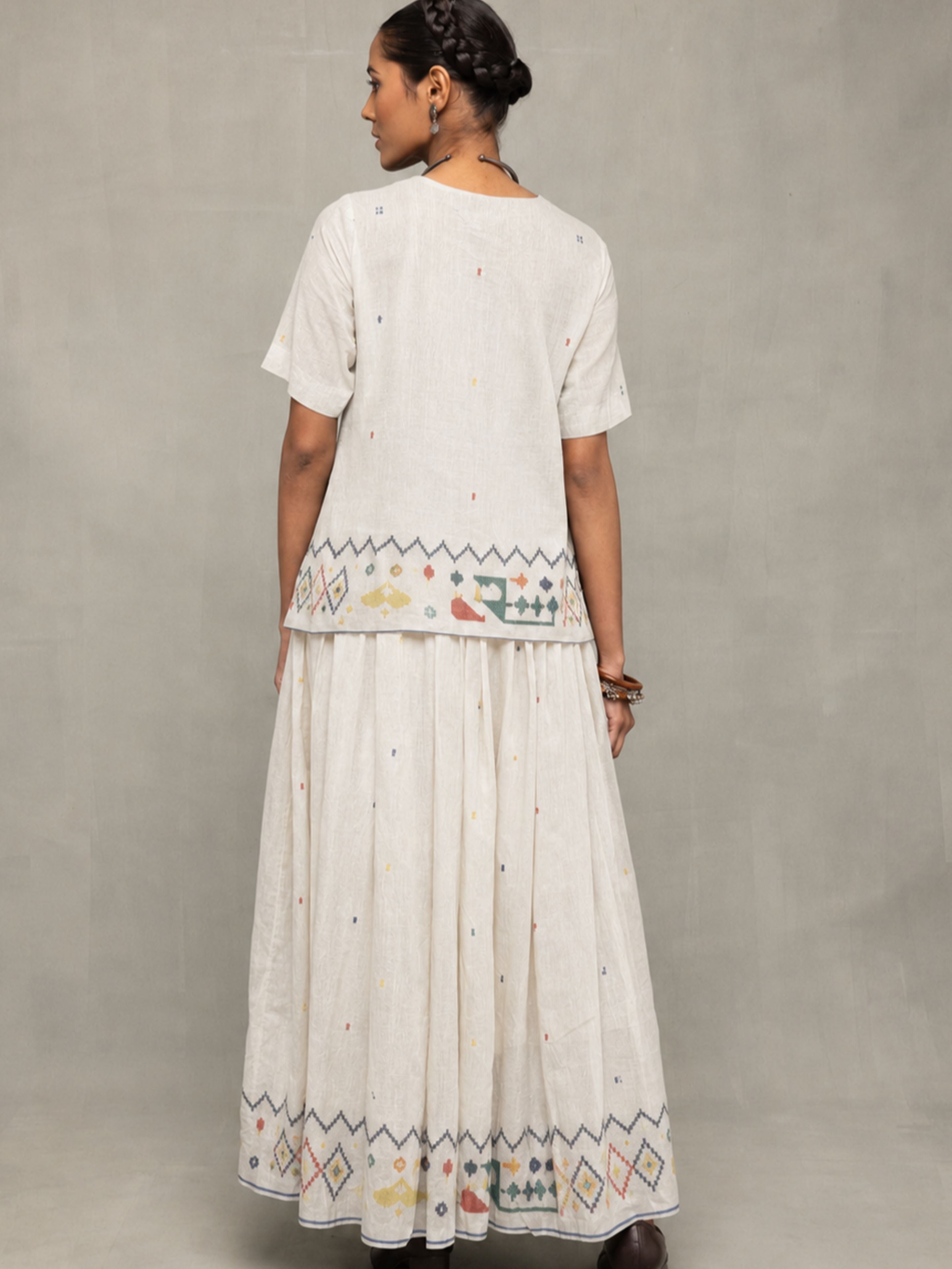 Off-White Folk Motif Jamdani Skord Set - CiceroniSkirt SetSutra Art of Clothing