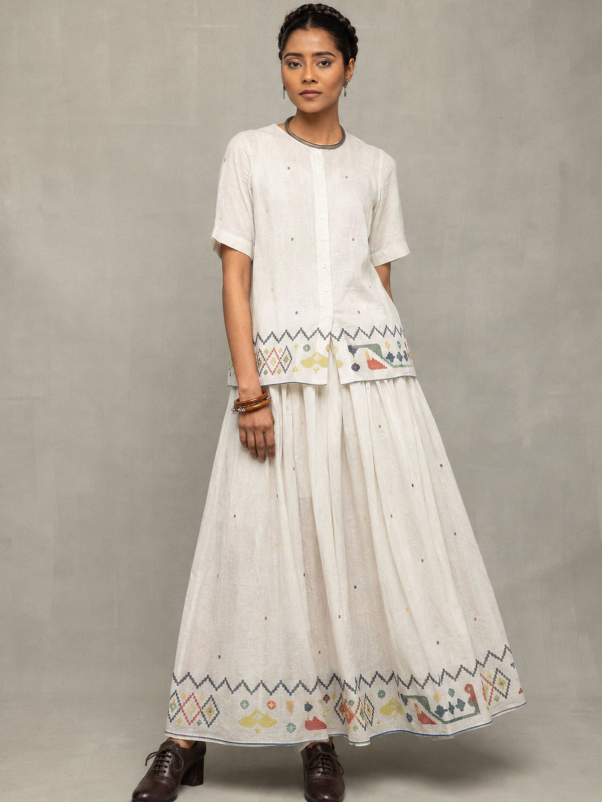 Off-White Folk Motif Jamdani Skord Set - CiceroniSkirt SetSutra Art of Clothing