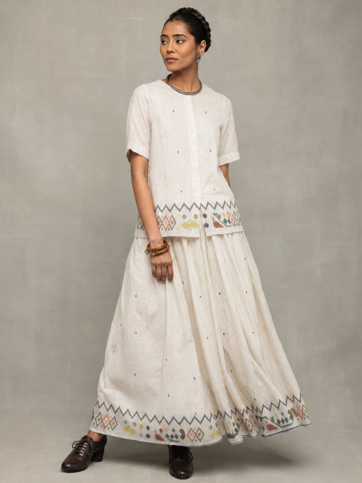Off-White Folk Motif Jamdani Skord Set - CiceroniSkirt SetSutra Art of Clothing