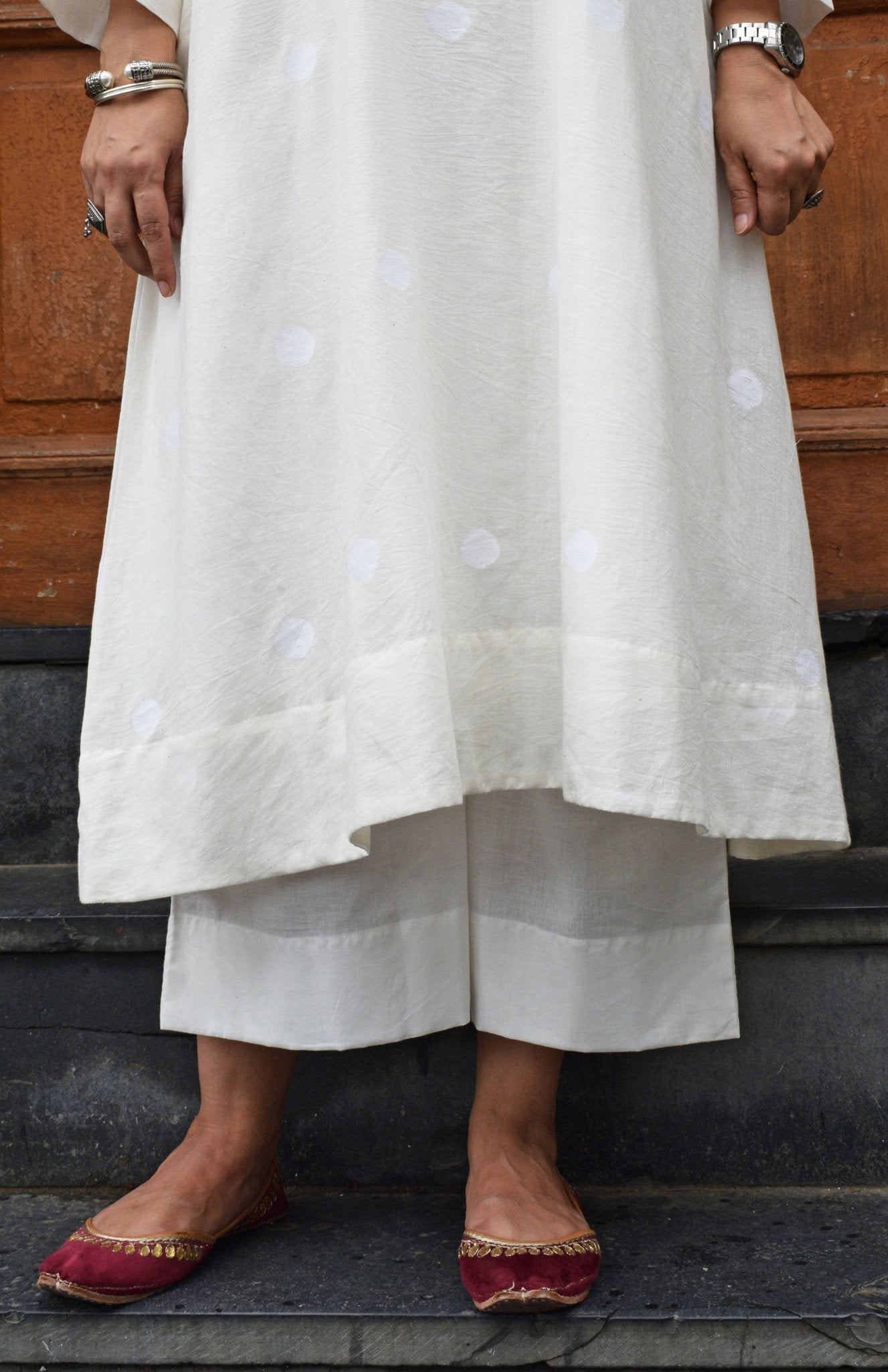 Off White Jamdani Polka Dot Kurta with Off White Pyjama - CiceroniKurta Set, Everyday WearHouse of Moxa