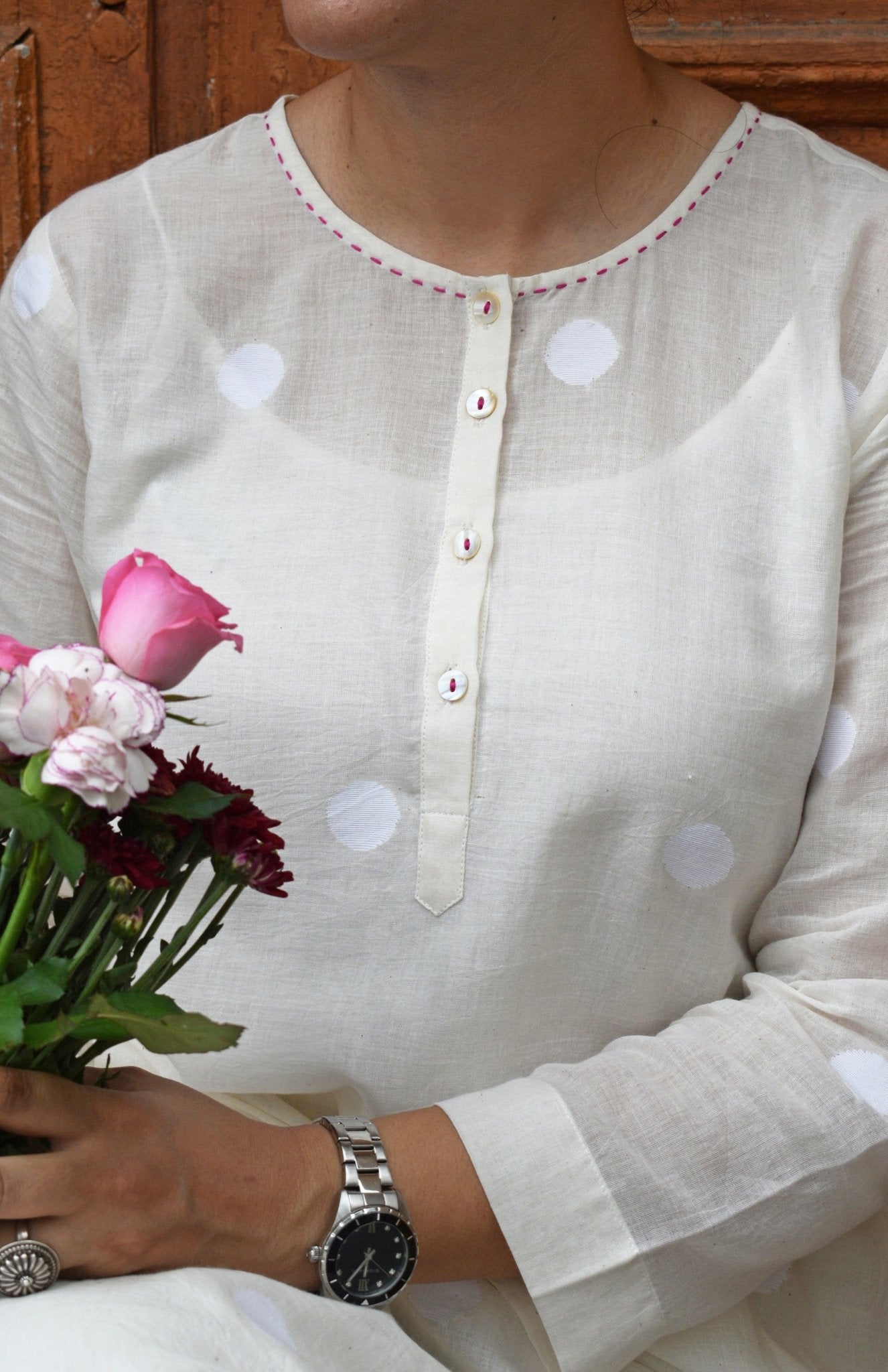 Off White Jamdani Polka Dot Kurta with Off White Pyjama - CiceroniKurta Set, Everyday WearHouse of Moxa