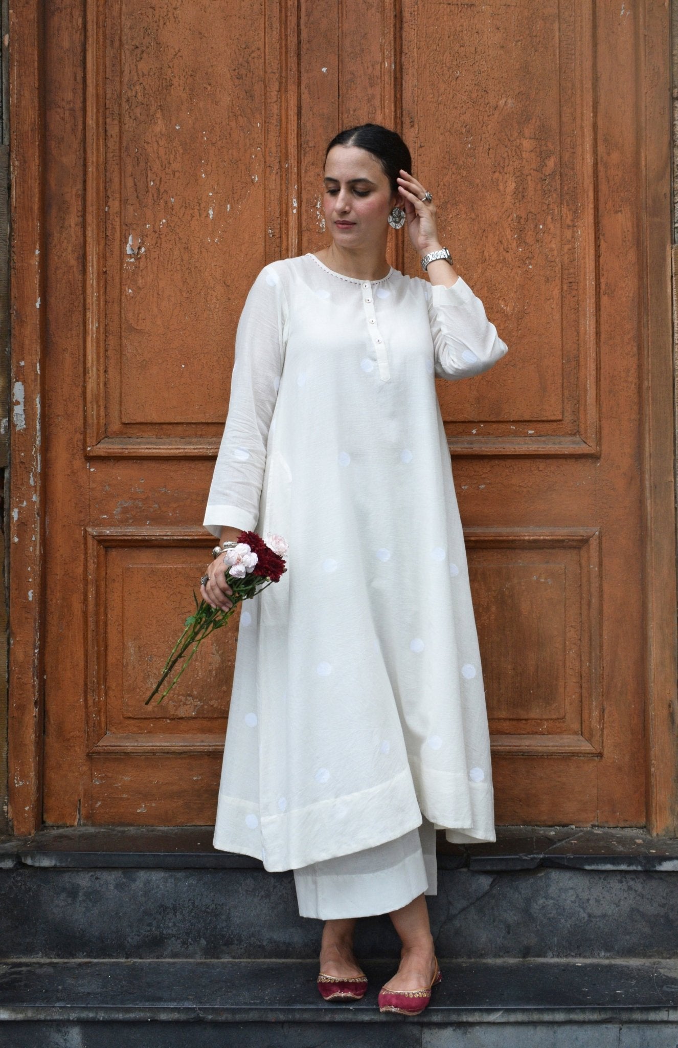 Off White Jamdani Polka Dot Kurta with Off White Pyjama - CiceroniKurta Set, Everyday WearHouse of Moxa